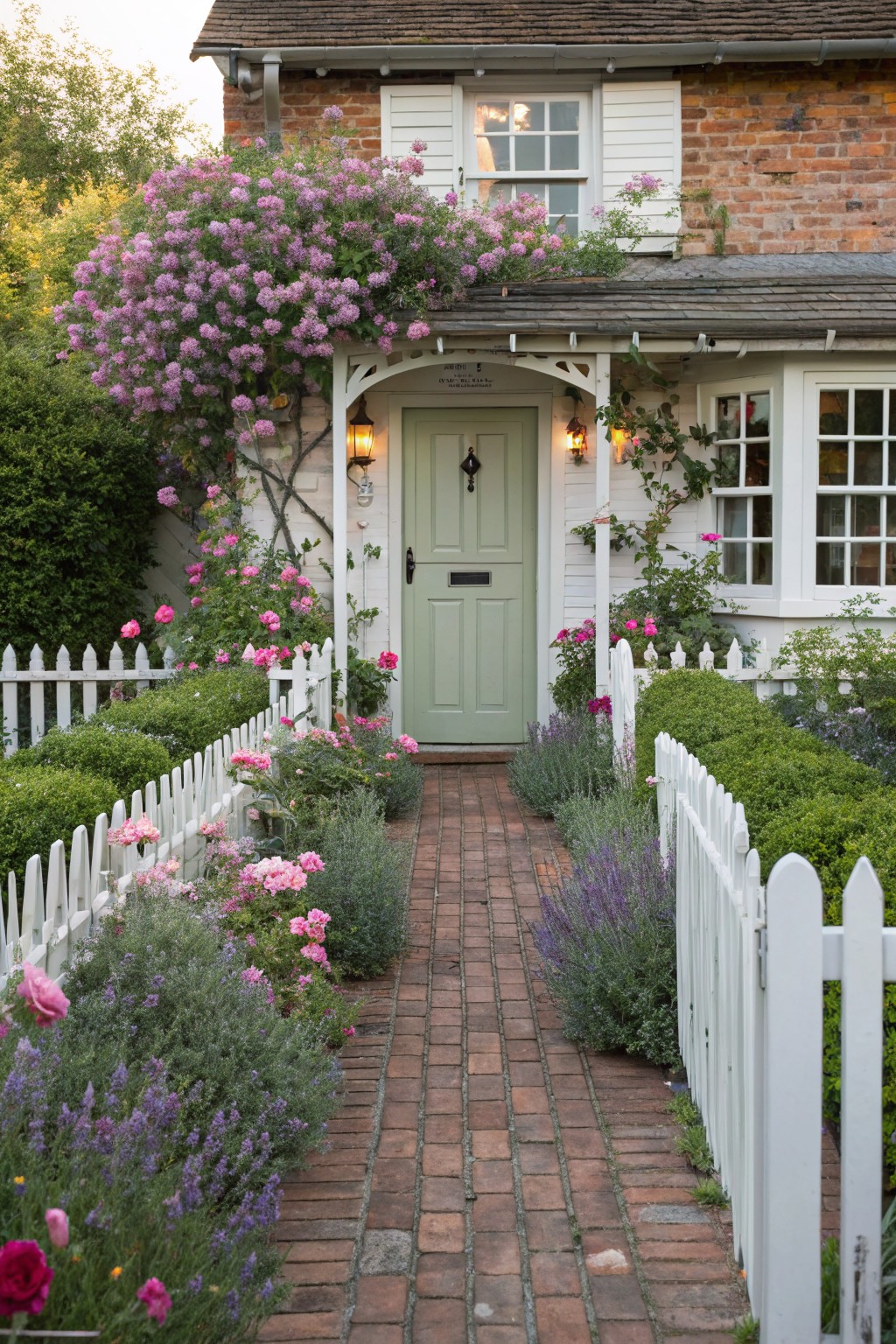 Brick cottage house with green front door, white picket fence bordering a brick pathway lined with pink roses, lavender, and green shrubs.
