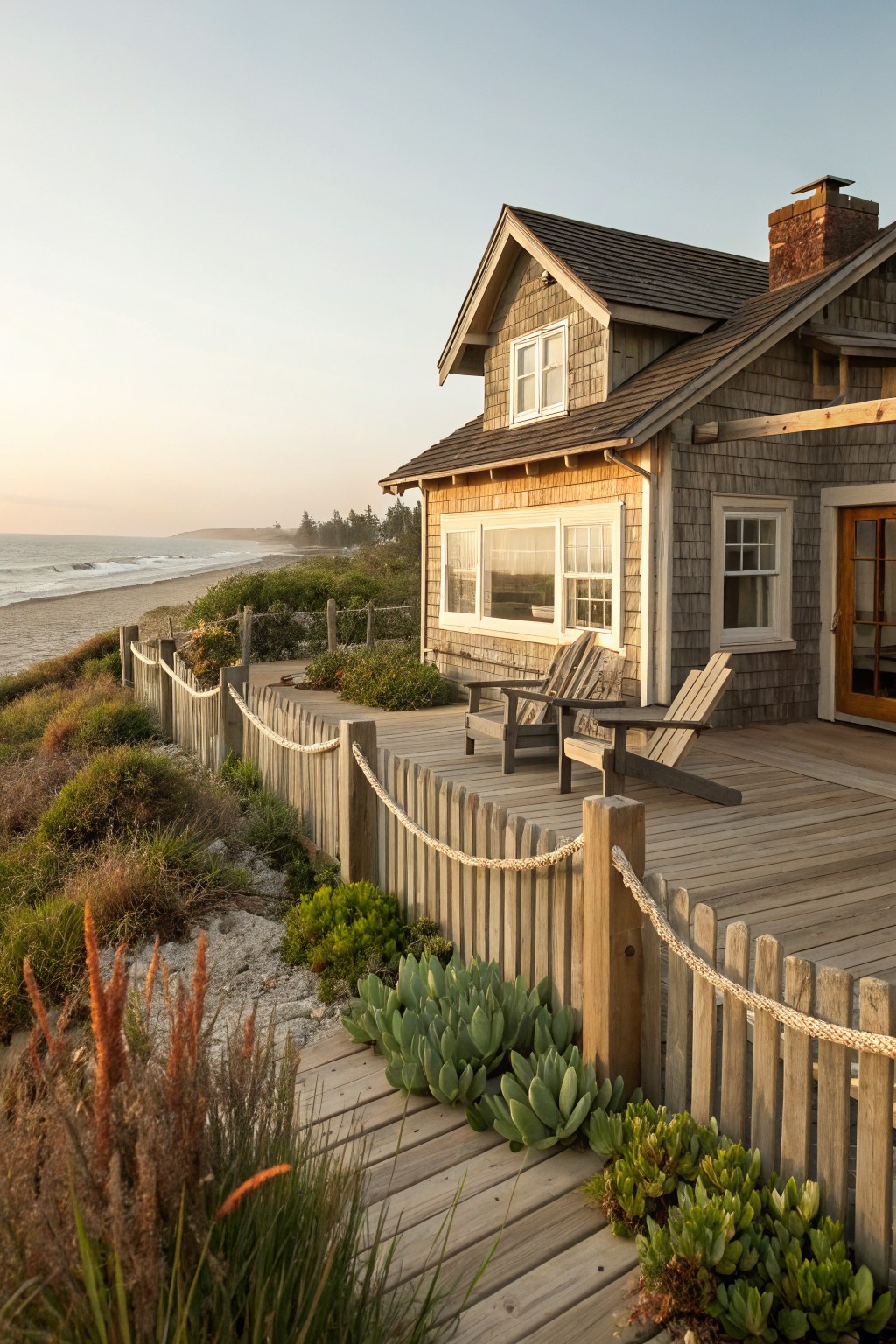 Shingle-clad beach house with wooden deck and path overlooking ocean waves, featuring weathered picket fence with rope rails edged by coastal grasses and succulents.