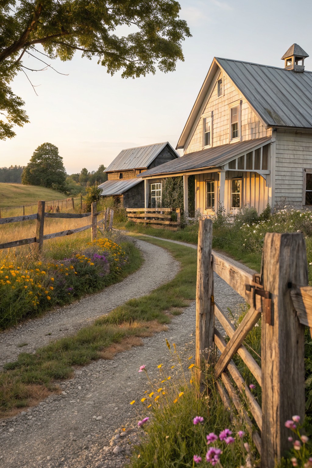 Rustic wooden split-rail fence with gate along a gravel path edged by wildflowers, leading toward a shingled farmhouse and outbuildings amid rolling hills at golden hour.