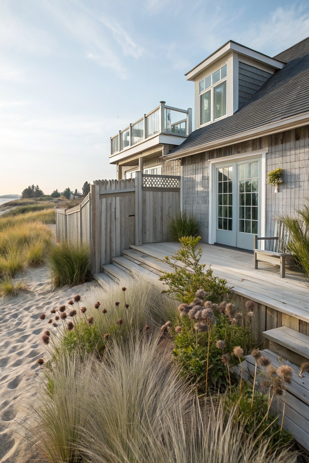 Gray slatted wooden fence and gate next to a shingled beach house deck with steps descending to sandy dunes planted with tall grasses and shrubs.