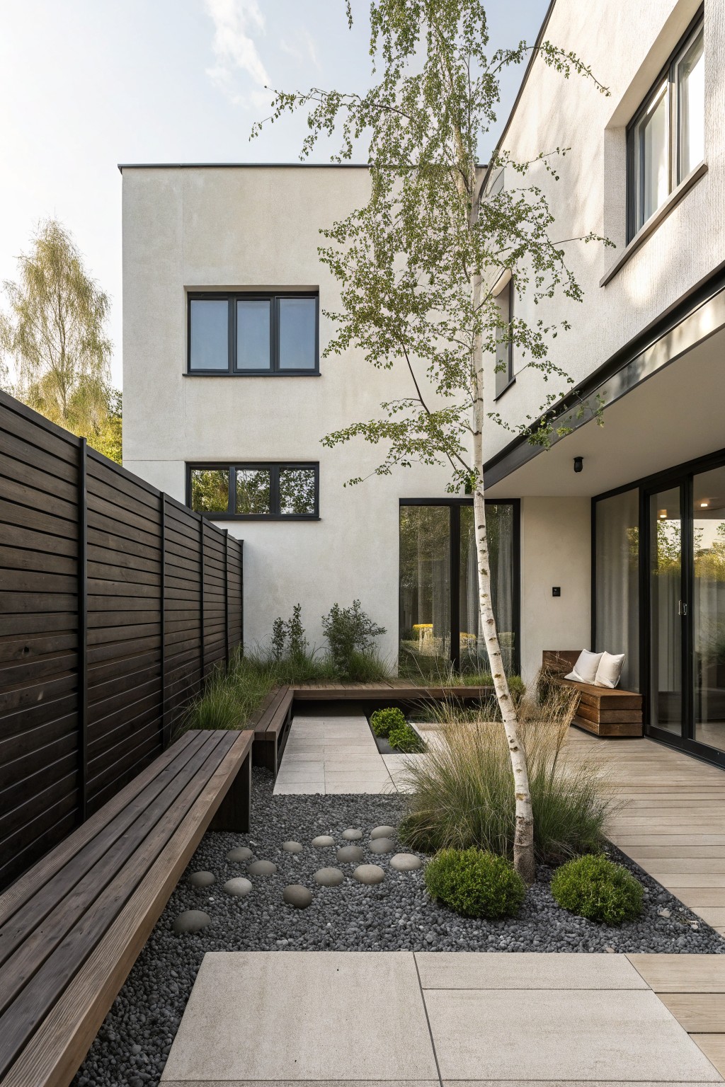 Modern backyard courtyard with white stucco house, black-framed windows and doors, tall dark slatted wooden fence, central birch tree, gravel ground cover with round stepping stones, low grasses and shrubs, wooden benches, and deck area.