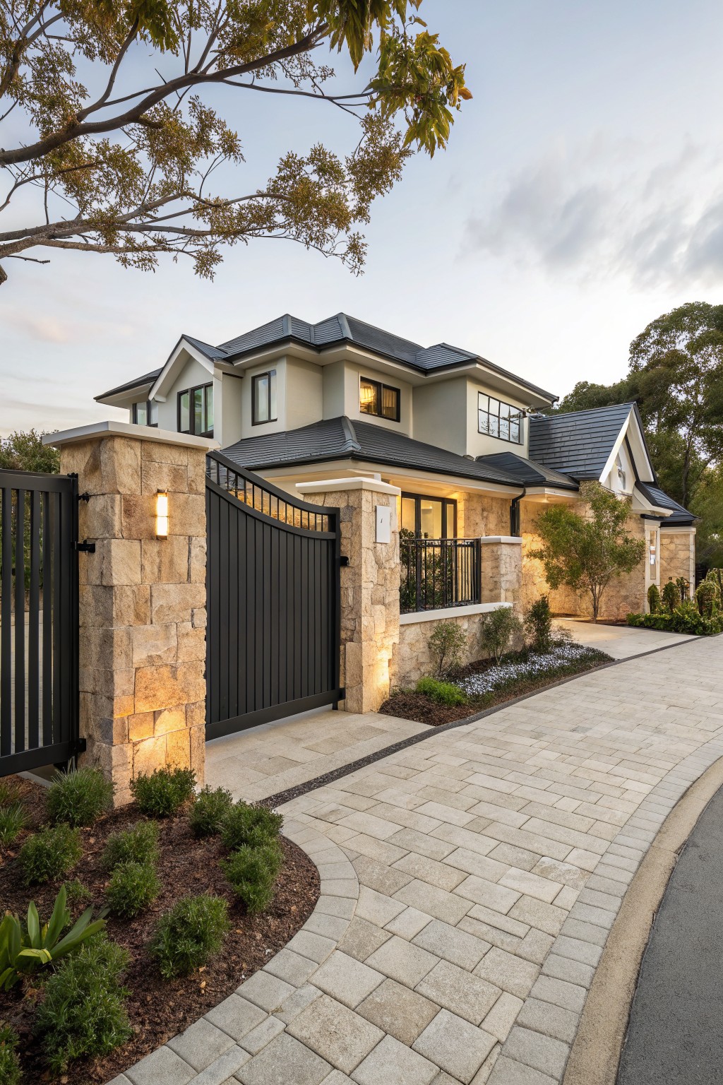Curved black metal gate supported by tall beige stone pillars with wall lights, leading to a beige house with dark roof and landscaped driveway edged in shrubs.