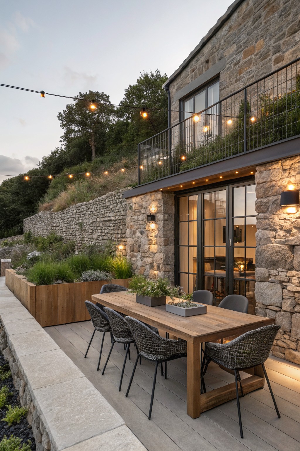 Stone house exterior on a slope with a wooden dining table and wicker chairs on a patio deck next to tall stone retaining walls, a balcony with black metal railings and string lights, large glass doors, and planted wooden planters.