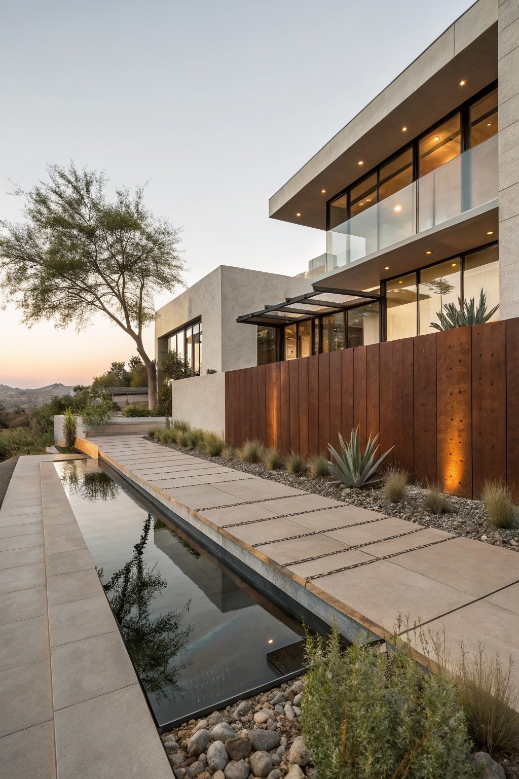 Tall reddish-brown vertical panel fence runs alongside a concrete pathway and narrow reflecting pool near a modern stucco house with desert plants and uplighting at dusk.