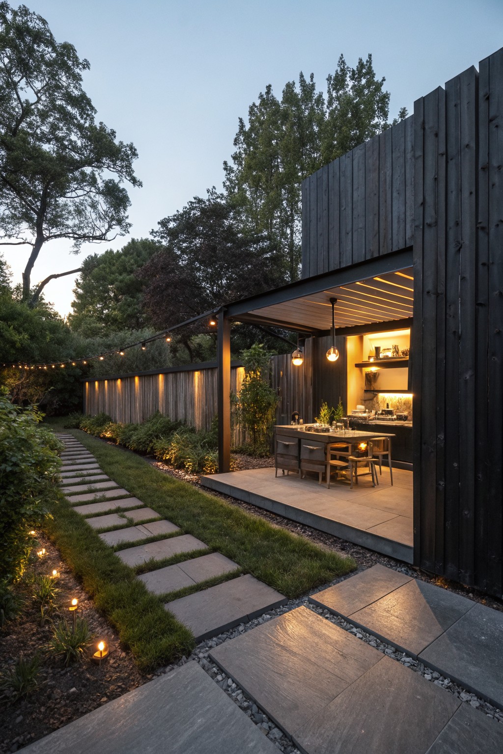 Evening garden scene with a black wood outdoor kitchen pavilion and wooden dining table on a terrace, screened by tall dark vertical-board wooden fence with integrated base lighting, stone pathway through lawn with ground lights, surrounded by trees and shrubs.