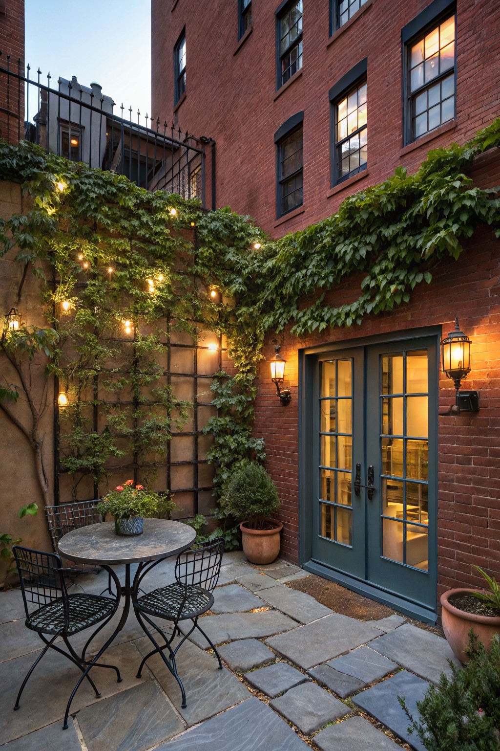 Small urban patio with slate pavers, black metal bistro table and two chairs, ivy-covered trellis with string lights on brick wall, potted plants, and green French doors lit by wall lanterns.
