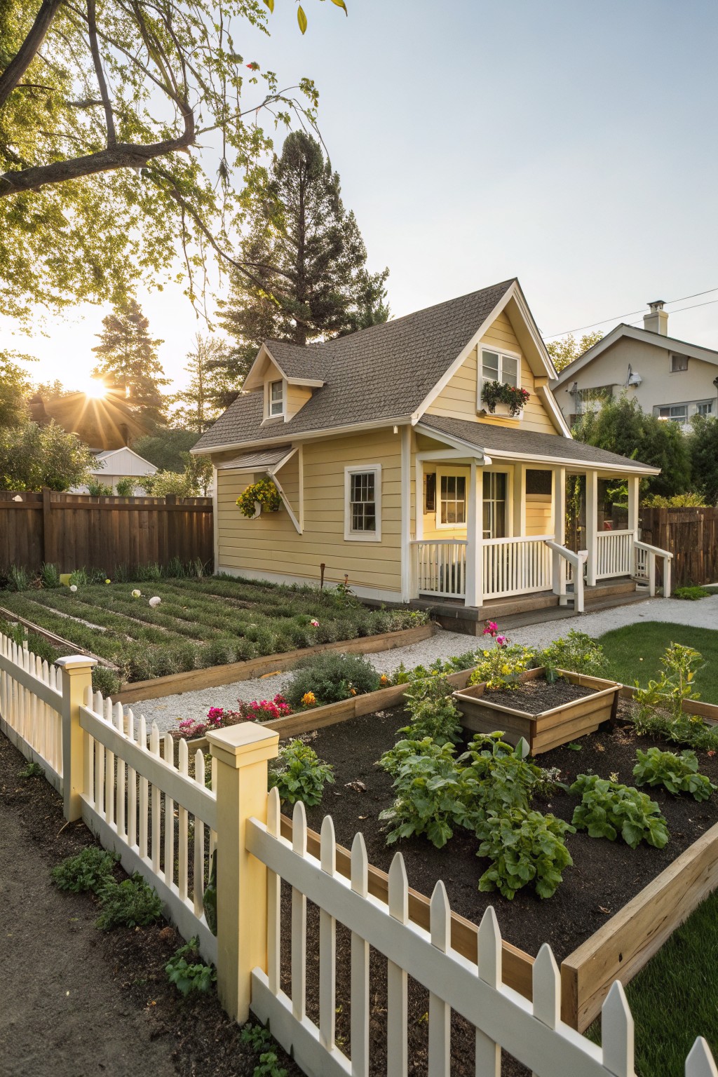 Yellow cottage house with gabled roof and front porch, white picket fence enclosing multiple raised garden beds planted with vegetables and flowers, gravel path, trees, and sunset light.