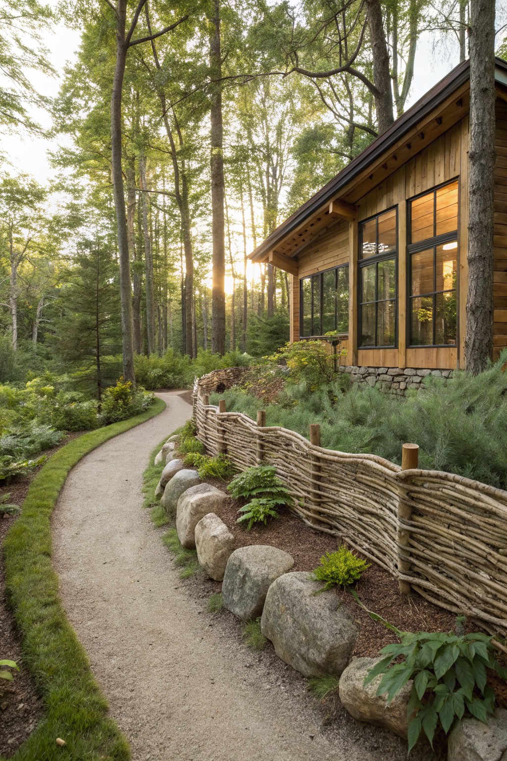 Wooden house with large windows nestled in green forest, gravel pathway bordered by woven branch fence, large boulders, and low plants.