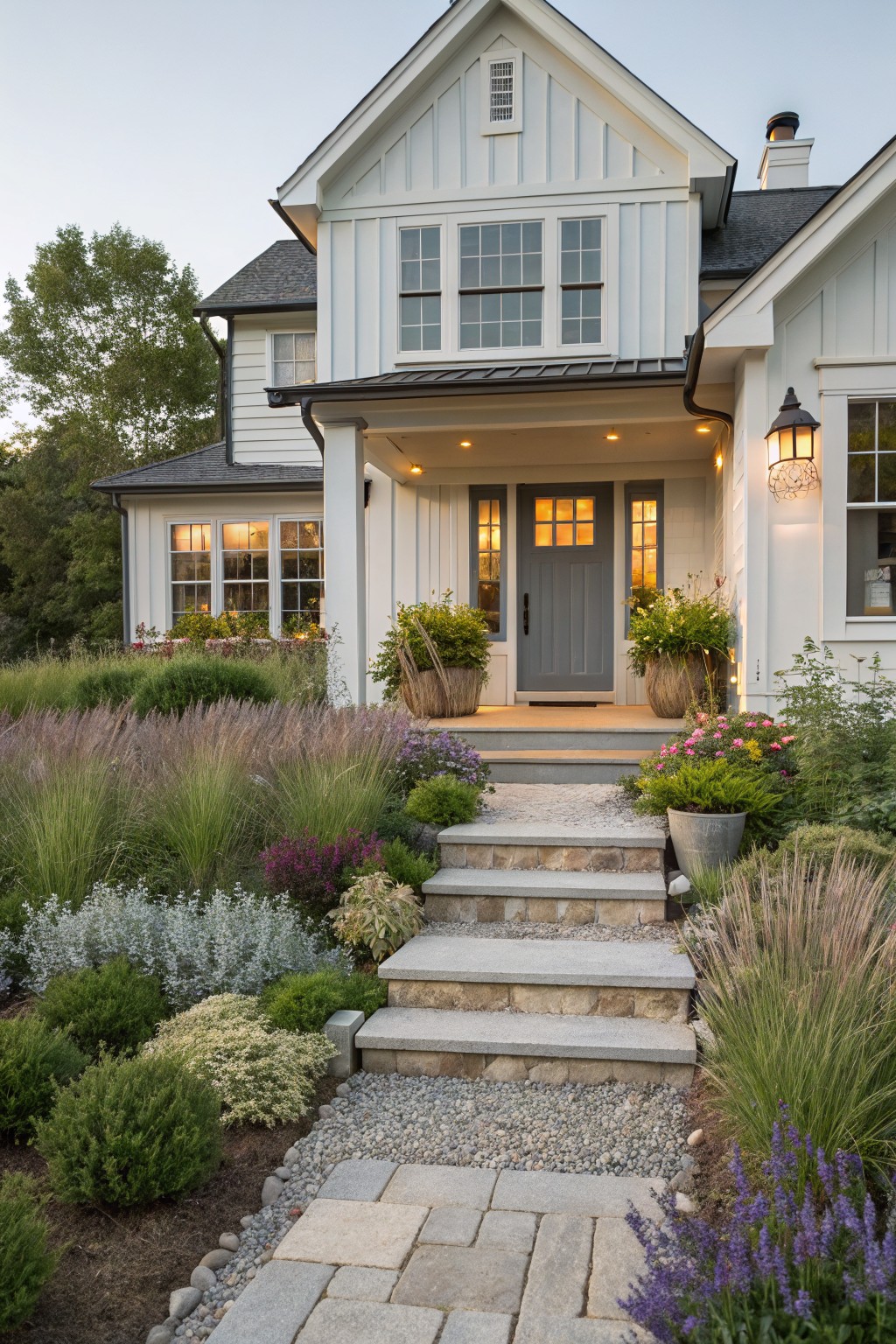 White board-and-batten house with gabled roof, covered porch, and gray front door, approached by stone steps and gravel path lined with tall ornamental grasses, shrubs, and perennials in front yard at dusk.