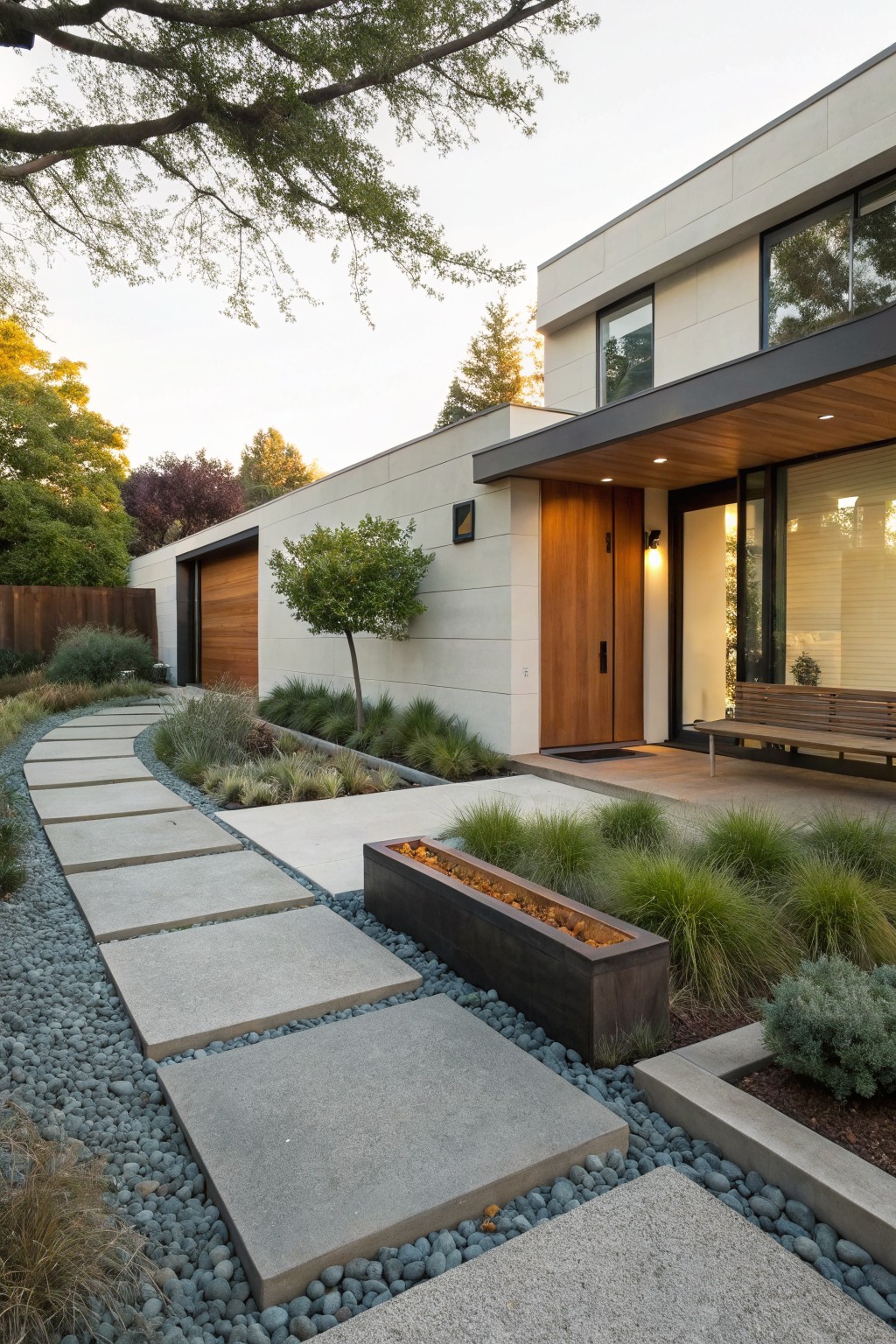 Contemporary house exterior with curved concrete paver pathway through gravel and grasses leading to wooden double doors, wooden garage door, small tree, bench, and linear metal fire trough.
