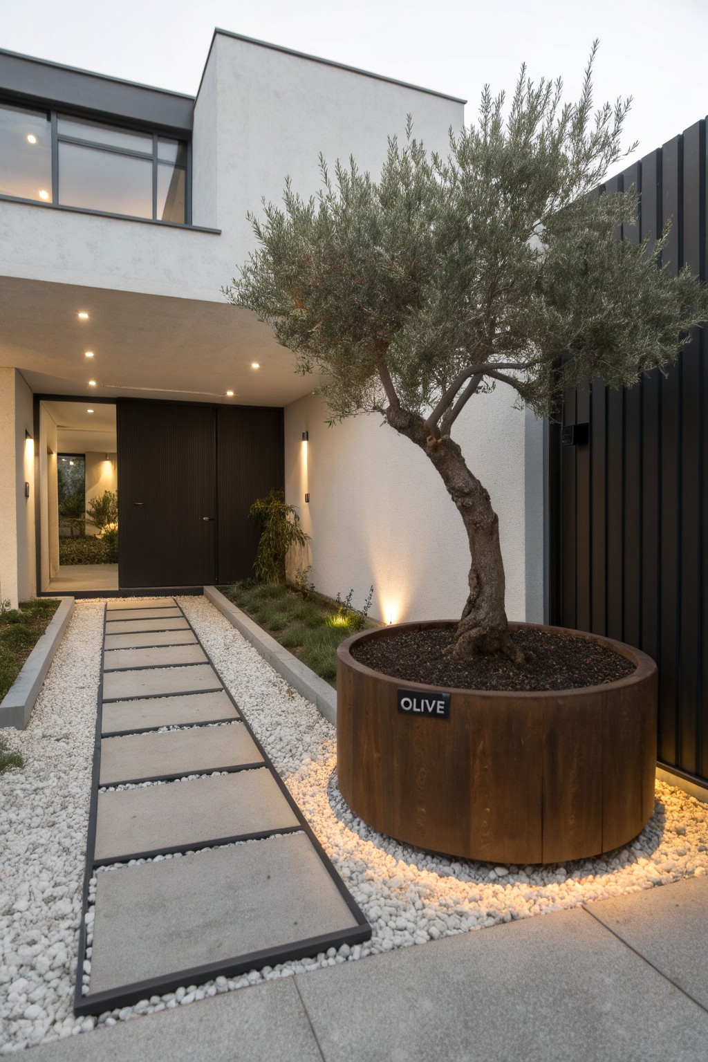 Modern white house facade with black sliding door, concrete stepping stone path through white gravel, large olive tree in round wooden planter labeled OLIVE, and ground lighting at dusk.