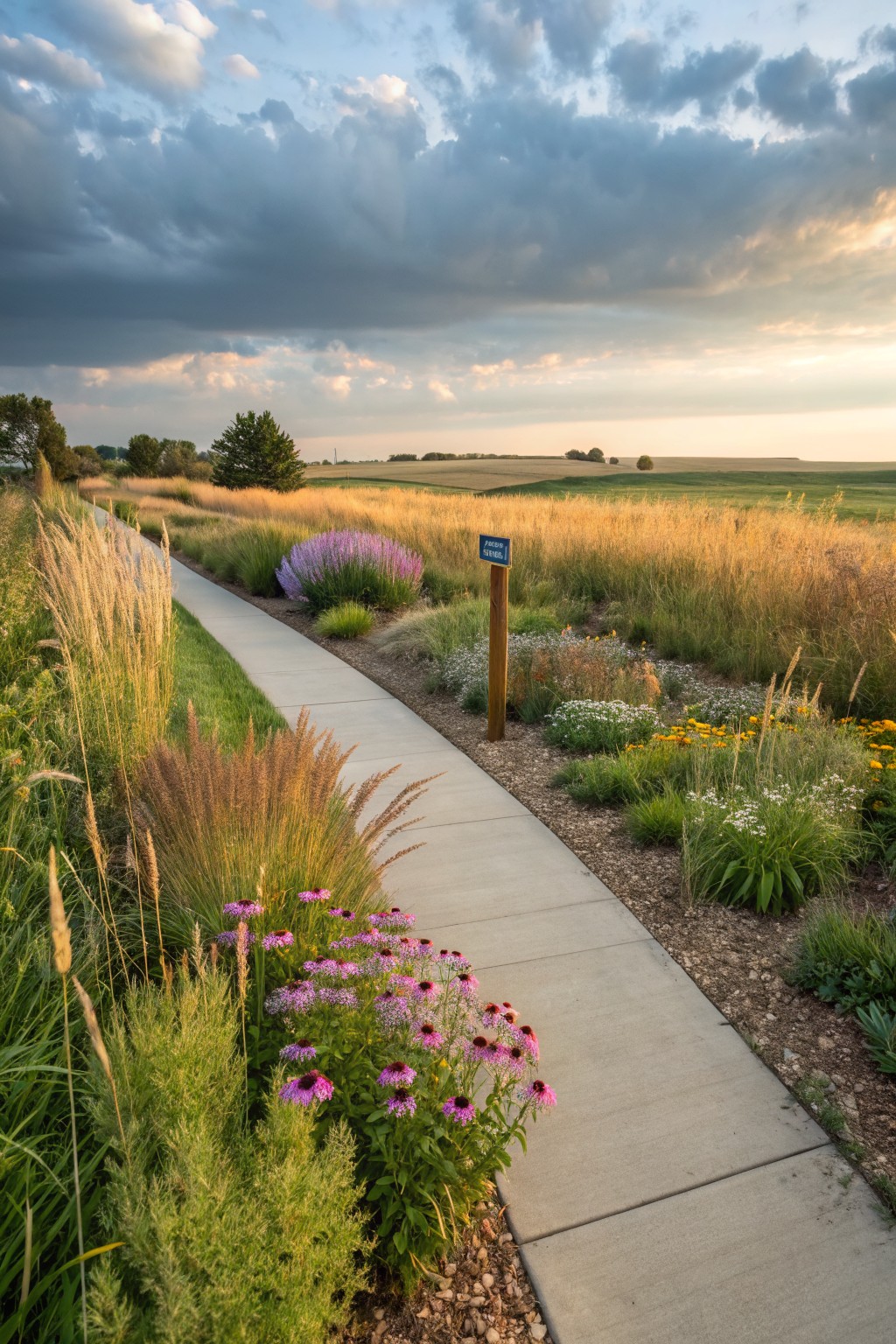 A concrete pathway curves through garden beds with tall golden and green ornamental grasses, pink coneflowers, purple shrubs, white and yellow wildflowers, and gravel mulch, extending toward farm fields under a partly cloudy sunset sky.