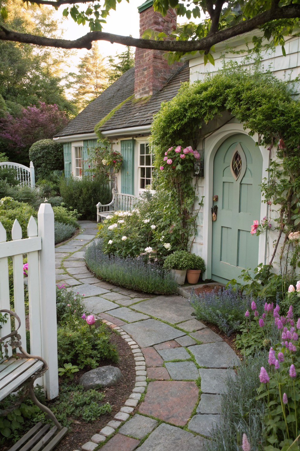 White shingled cottage with sage green arched door covered in climbing vines, approached by curved flagstone path bordered by flower beds, lavender, roses, white picket fence, and metal bench.