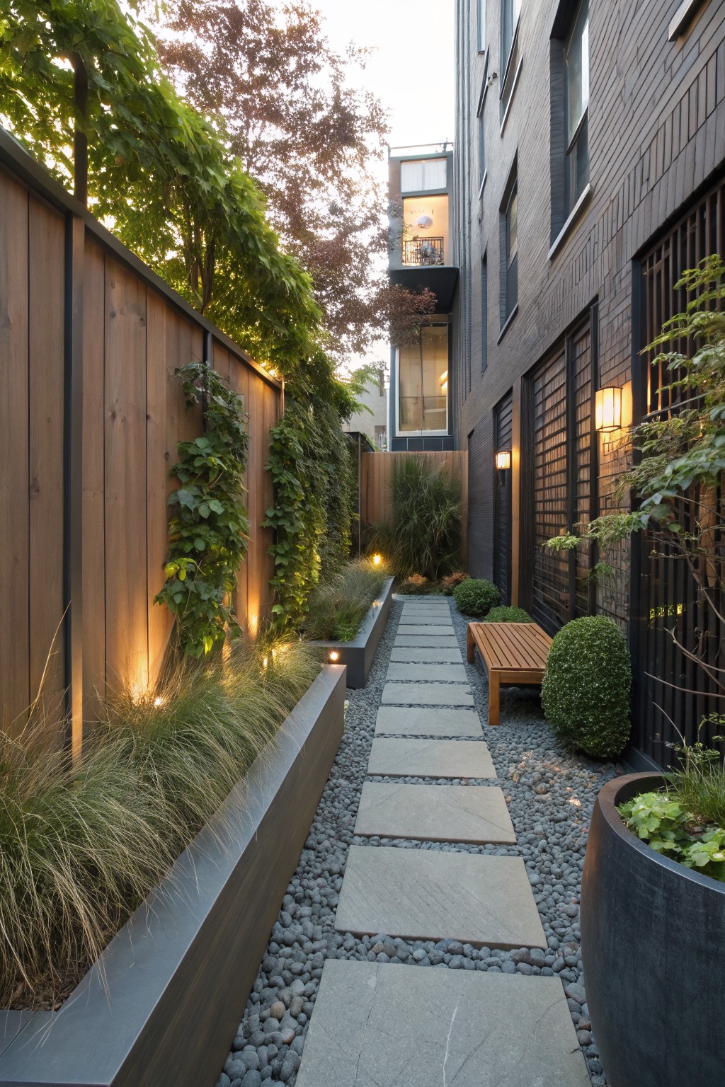 Narrow garden path with large rectangular stone slabs set into gray pebble ground cover, bordered by black metal raised planters with tall grasses, a wooden bench, wall-mounted lights, and greenery against brick walls and wooden fences.