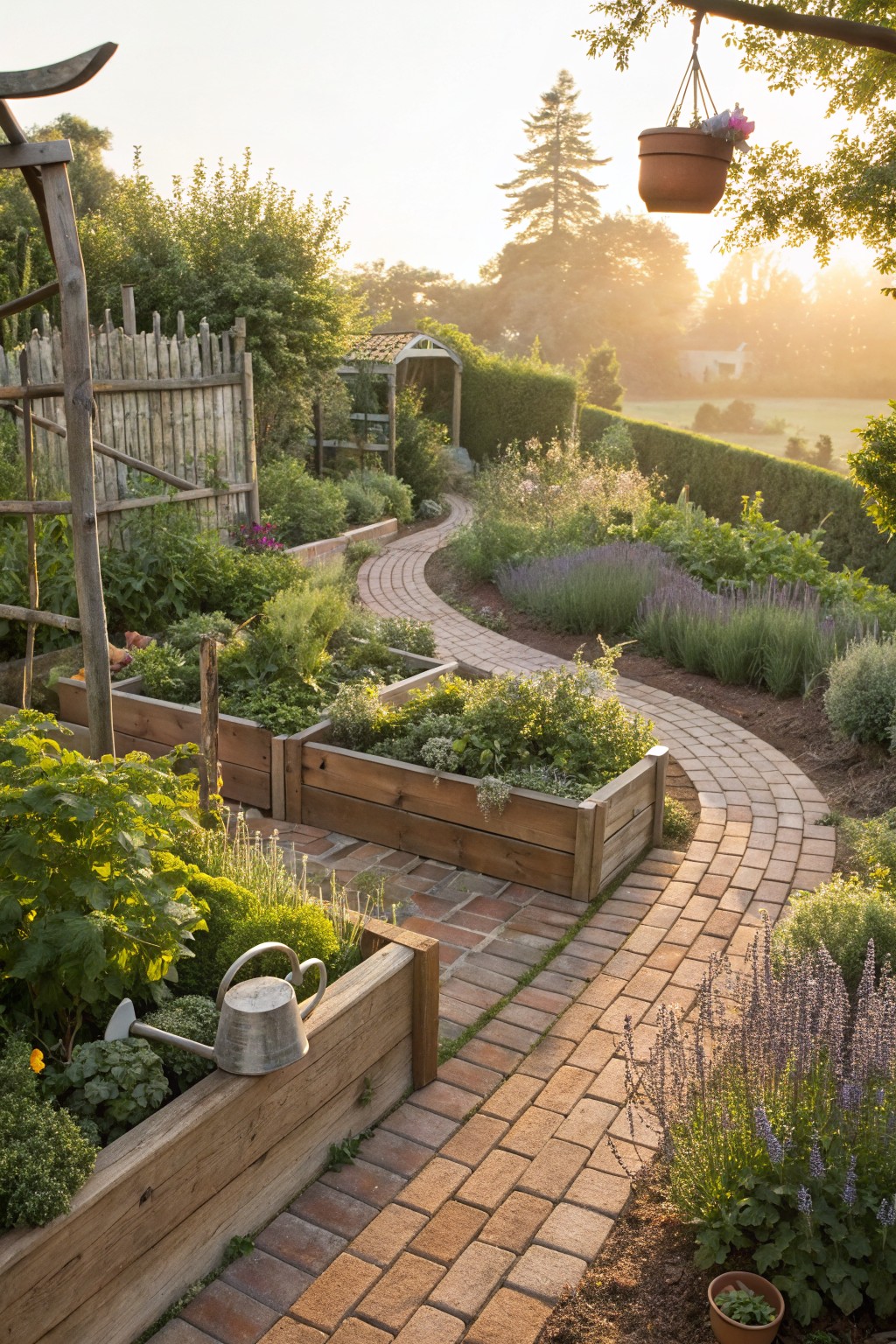 A curving brick pathway winds through wooden raised garden beds planted with herbs, vegetables, and lavender, with a metal watering can on one bed edge and surrounding greenery in morning light.