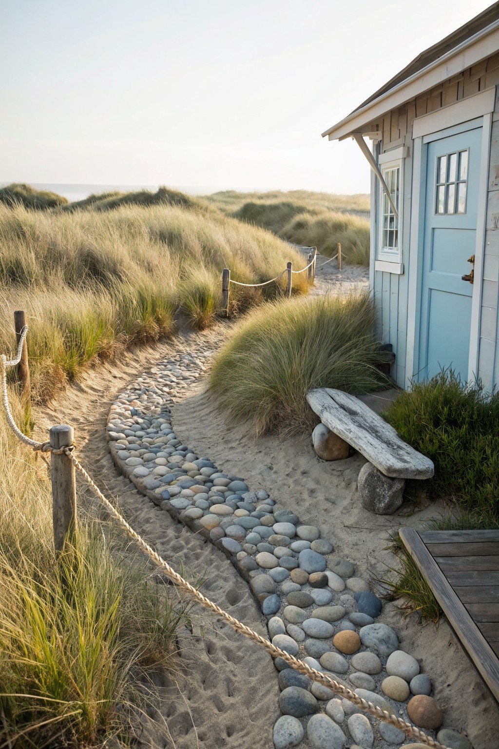 A winding path of smooth round pebbles runs through sandy dunes with tall grasses, bordered by wooden posts and rope fences, leading to a blue shingled beach house with a wooden bench beside it.