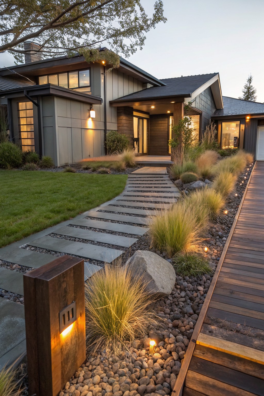 Modern wood and siding house exterior at dusk with a curved gray stone slab pathway through lawn, edged by ornamental grasses, rocks, gravel beds, and low-voltage lights, adjacent to a wooden deck walkway.