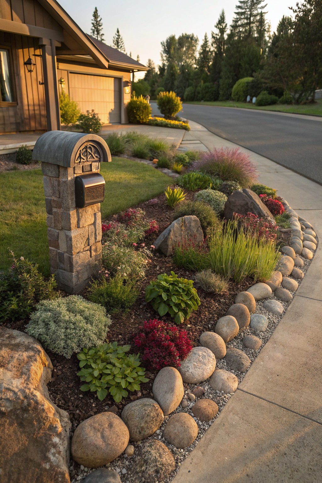 Stone pillar mailbox next to a curved flower bed edged with large boulders and river rocks, filled with layered plants, grasses, and shrubs, beside a driveway and suburban house.