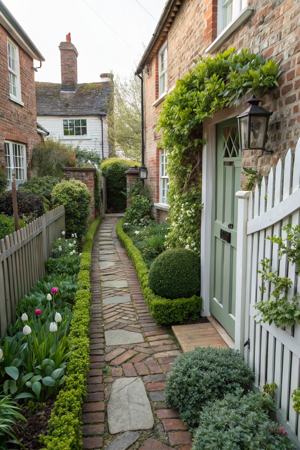 Narrow brick and stone garden path lined with boxwood hedges edging tulip flower beds, leading between brick houses to a green door with white picket fence.
