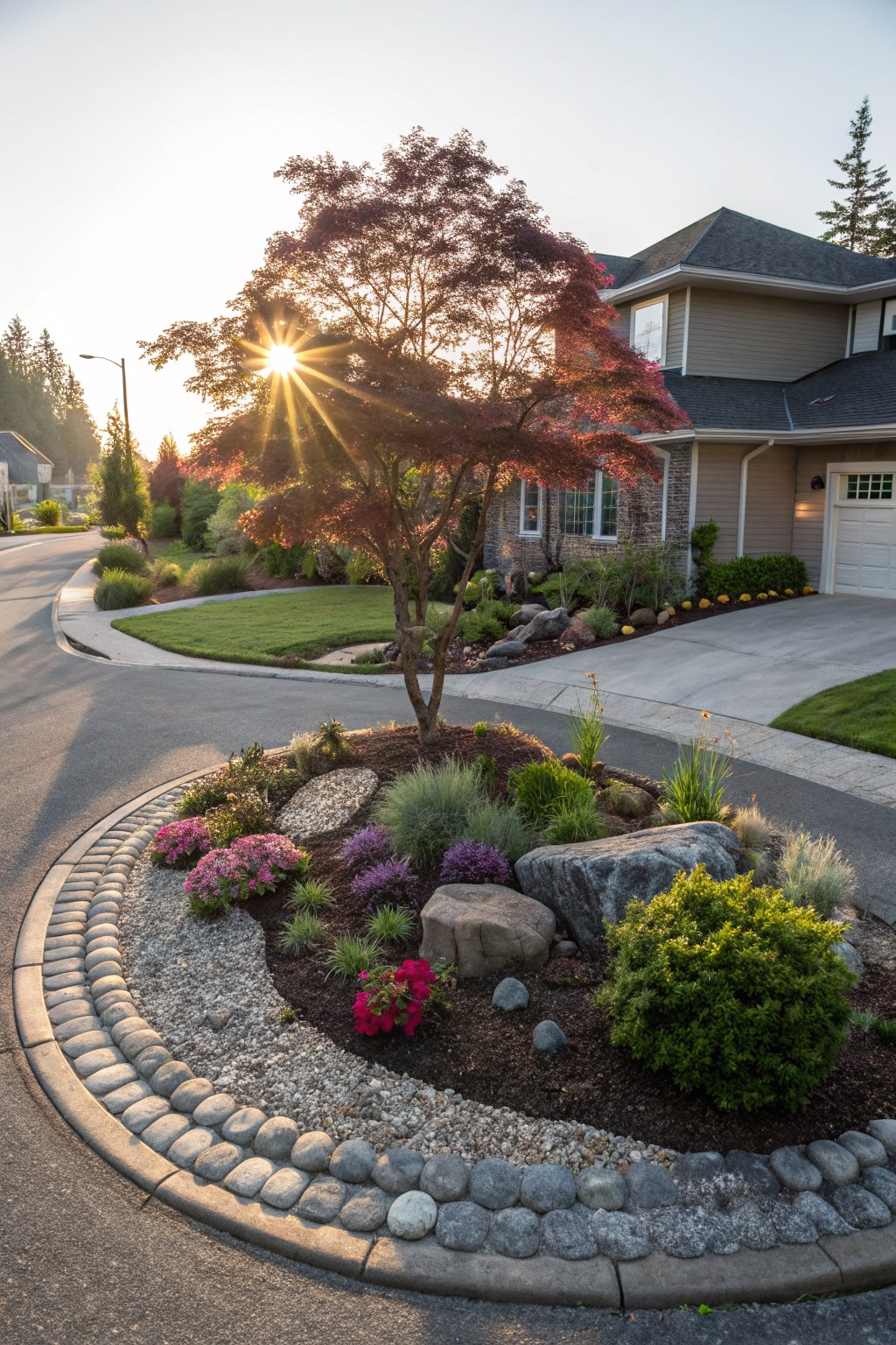 Circular landscaped flower bed edged with cobblestones surrounds a red-leaved Japanese maple tree along a residential driveway, filled with gravel, boulders, shrubs, grasses, and blooming flowers next to a beige house.