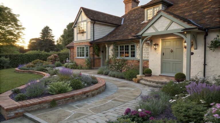A cream house with sage green double doors under a timber porch, approached by a curving flagstone path edged in brick and lined with purple lavender, pink snapdragons, and green shrubs beside a lawn.