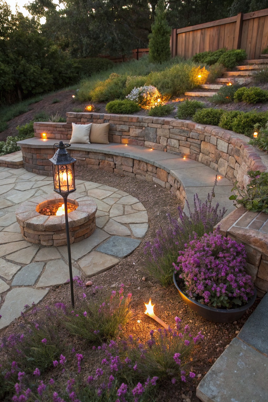 Curved sandstone retaining wall forming a built-in bench around a stone fire pit, surrounded by purple lavender flower beds, gravel paths, and landscape lighting on a sloped backyard.