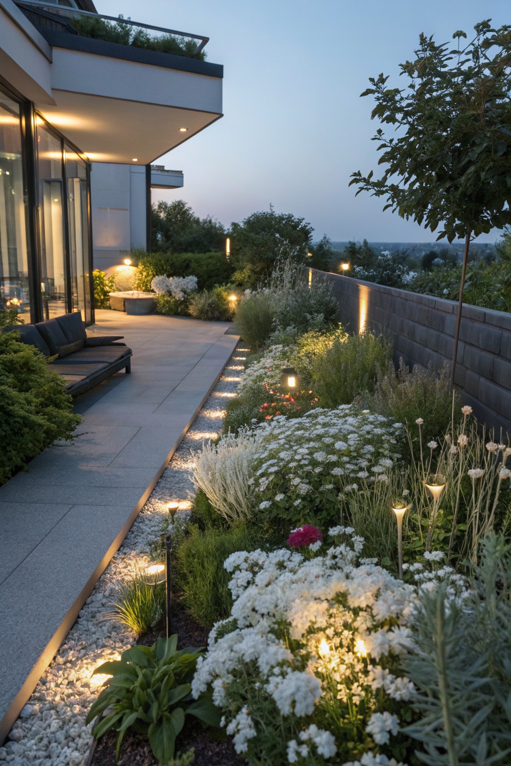 Stone pathway edged with gravel and white flowering plants along a modern house exterior, lit by low bollard lights at dusk.