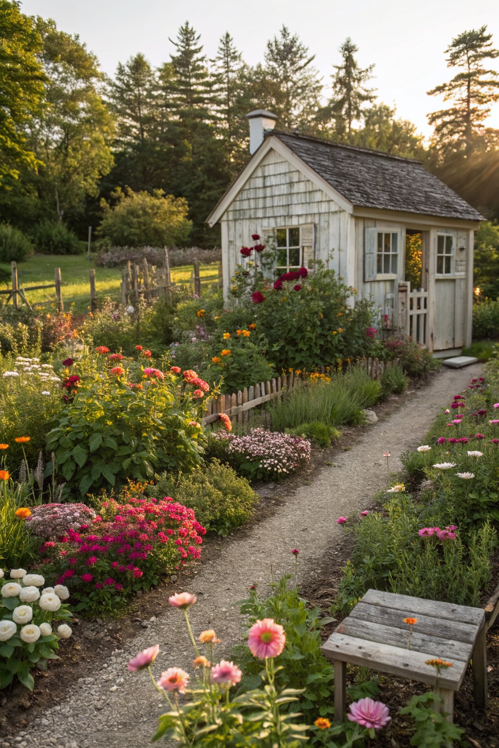 Small white clapboard garden shed with shingled roof, surrounded by dense colorful flower beds of roses, zinnias, daisies, and other blooms along a gravel path, backed by trees at sunset.
