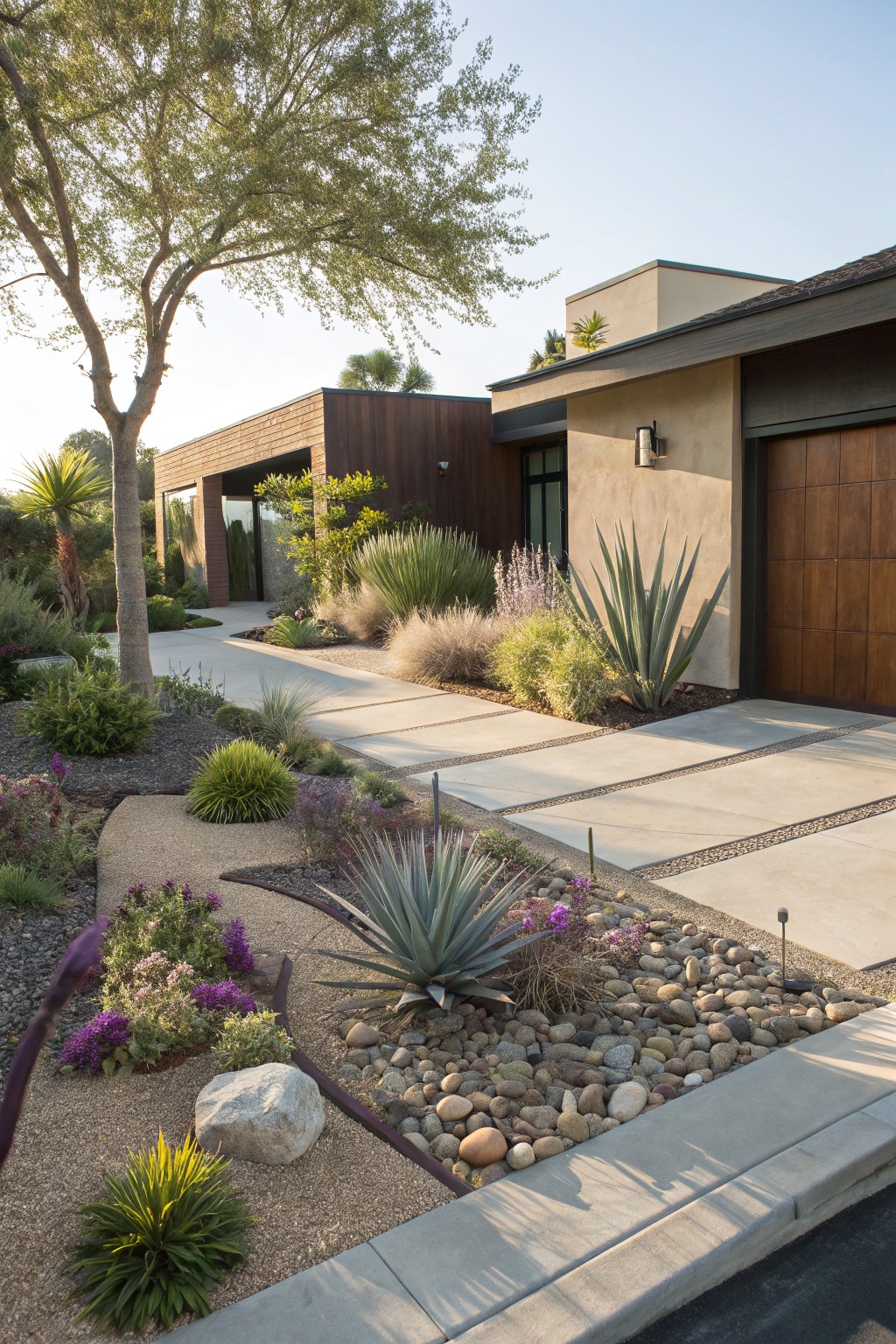 Driveway leading to a modern stucco and wood house flanked by curved gravel landscaping beds with agave plants, grasses, succulents, and river rocks.