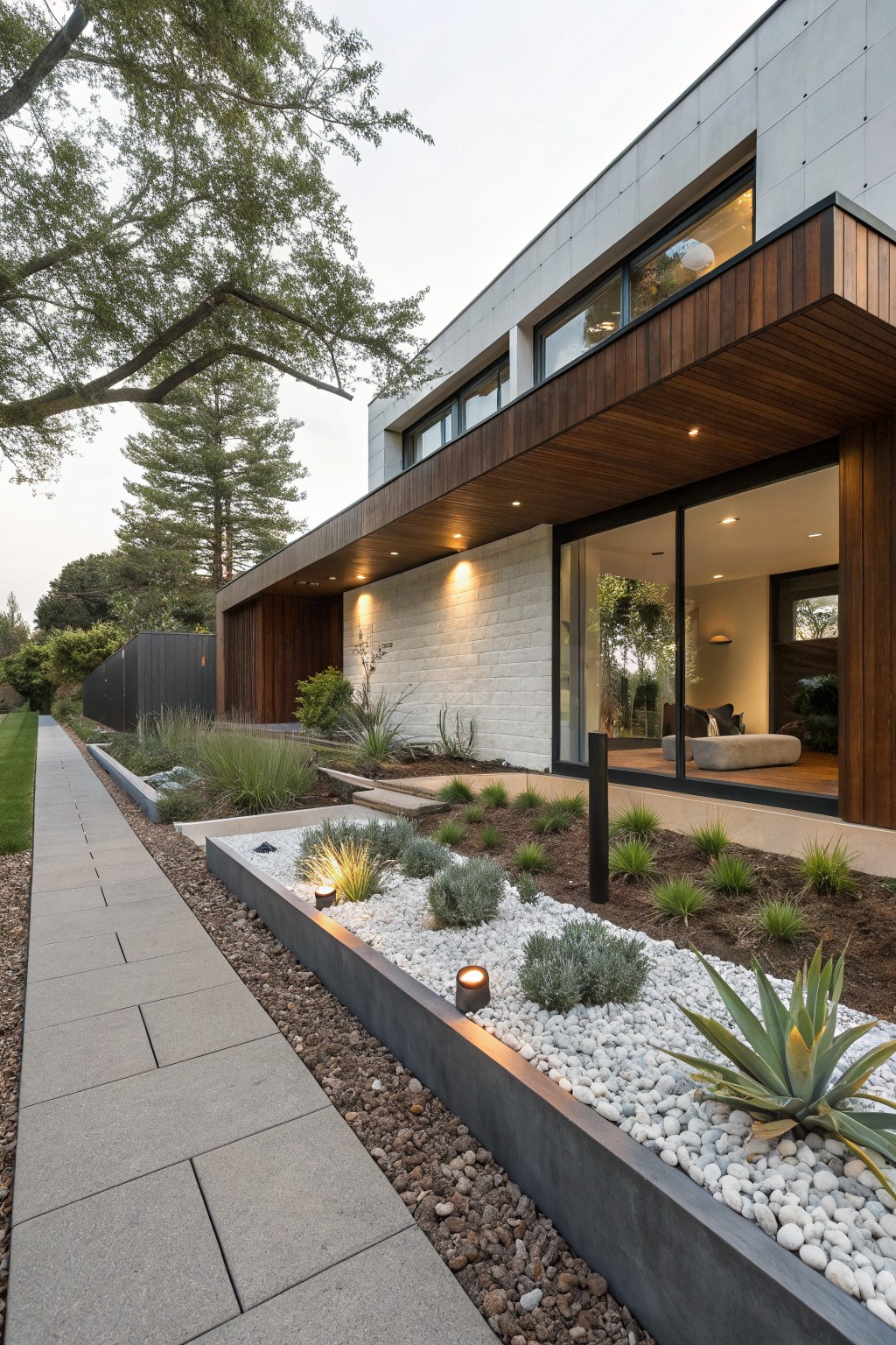 Paver stone pathway beside a modern house, bordered by concrete-edged gravel beds planted with agave, grasses, succulents, and lit by small ground lights.