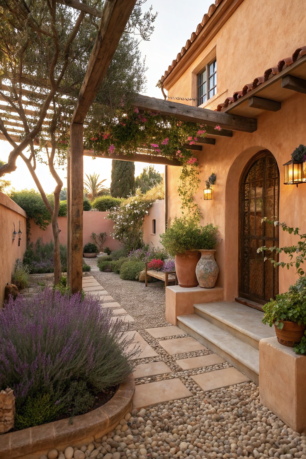 Stone paver path through gravel bordered by lavender plants and flower beds leading to arched wooden door on adobe-style house with lanterns and potted greenery.