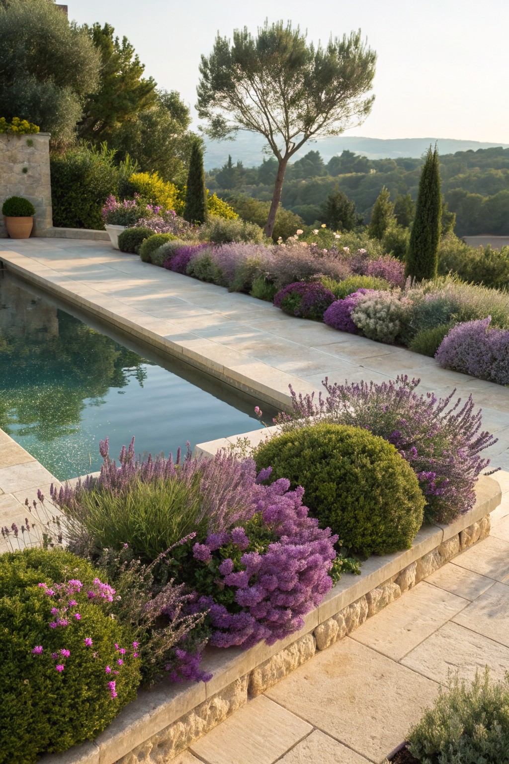 Close-up view of a rectangular pool with stone coping edged by flower beds of purple lavender, pink flowers, green shrubs, and boxwoods, set in a Mediterranean landscape with trees and hills in the background.