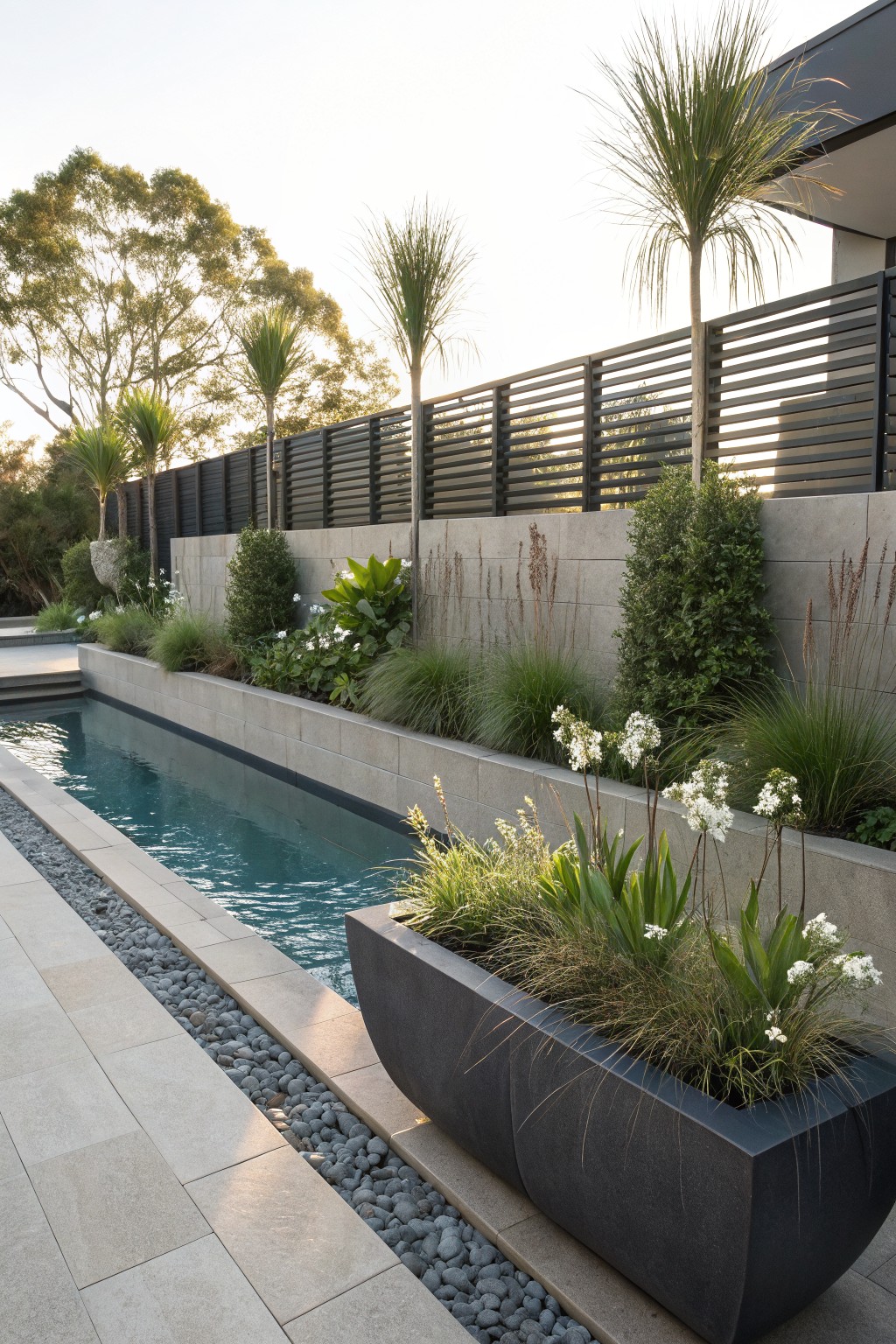 Narrow lap pool bordered by raised stone planting beds with ornamental grasses, white-flowering plants like agapanthus, and tropical foliage, plus a pebble-edged path and large black planter.