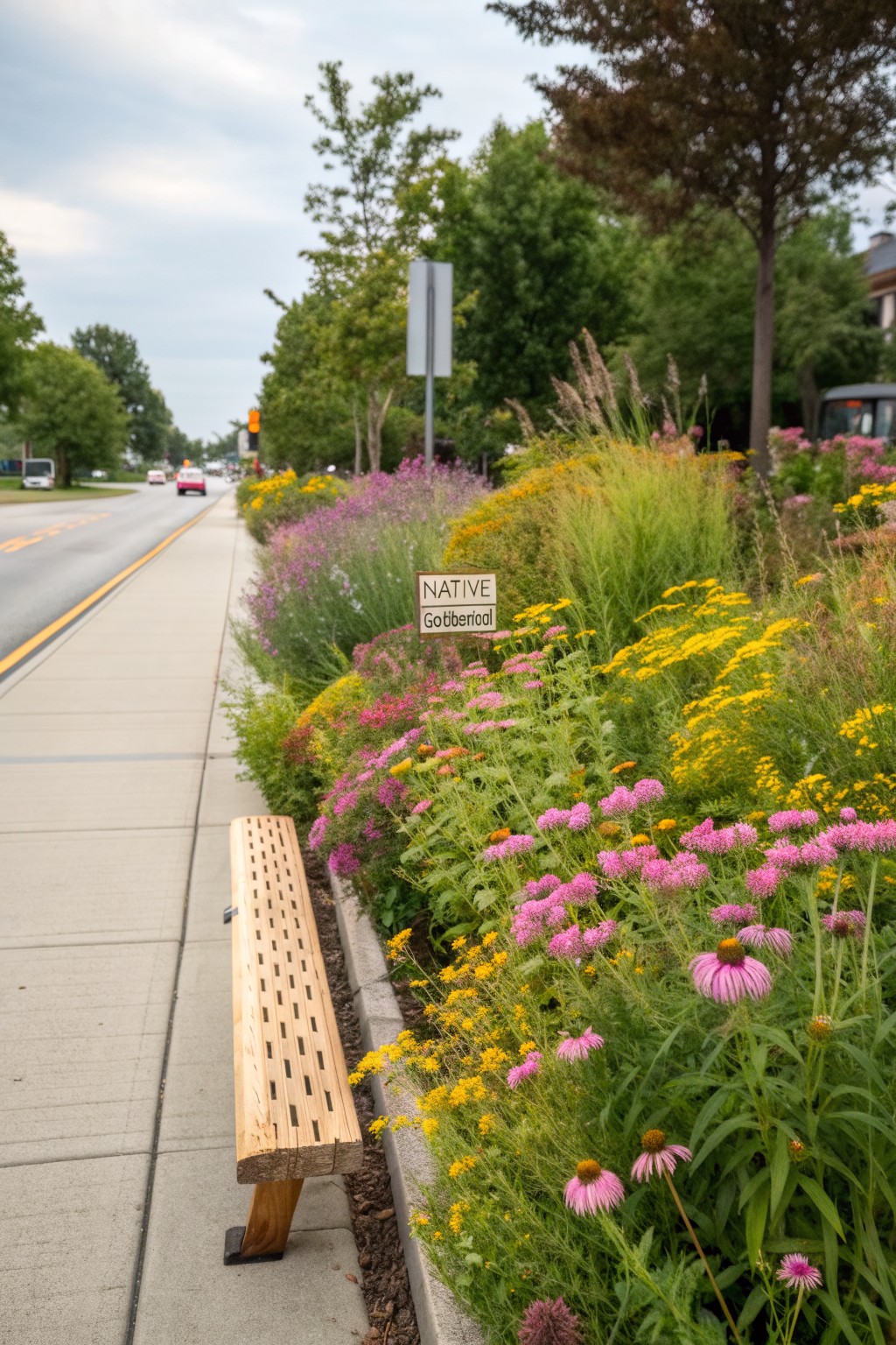 A wooden bench along a sidewalk next to a flower bed of native plants including pink coneflowers, yellow flowers, and tall grasses, with a sign reading 