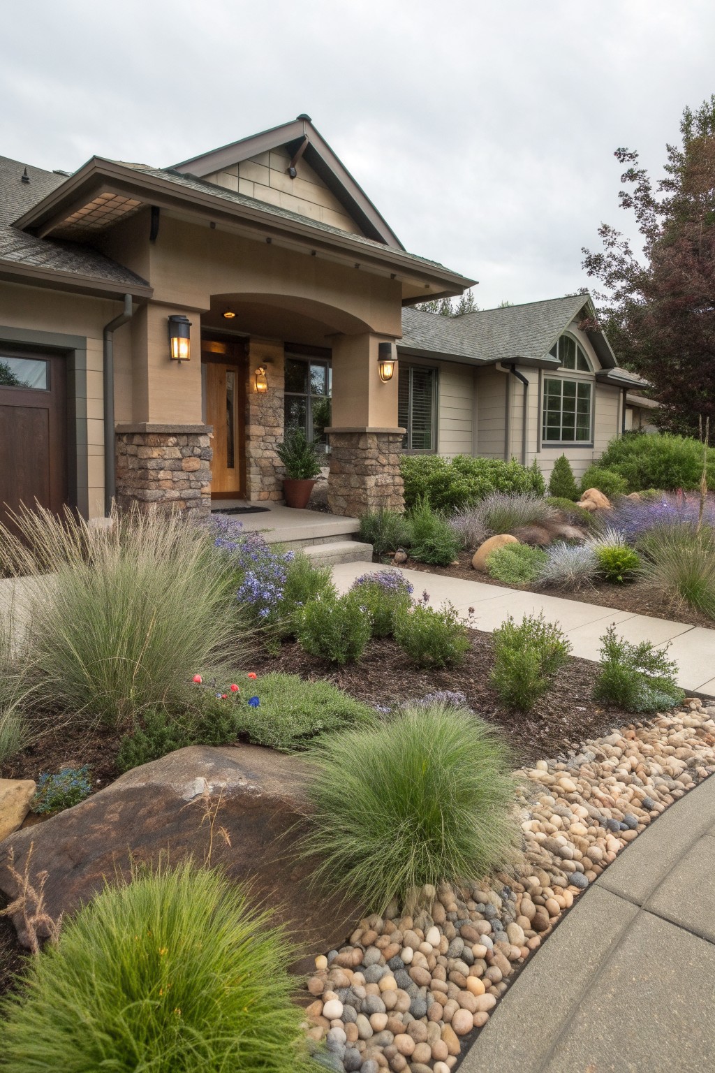Craftsman-style house exterior featuring curved front landscaping beds with ornamental grasses, lavender plants, boulders, mulch, and river rock edging next to a concrete walkway.