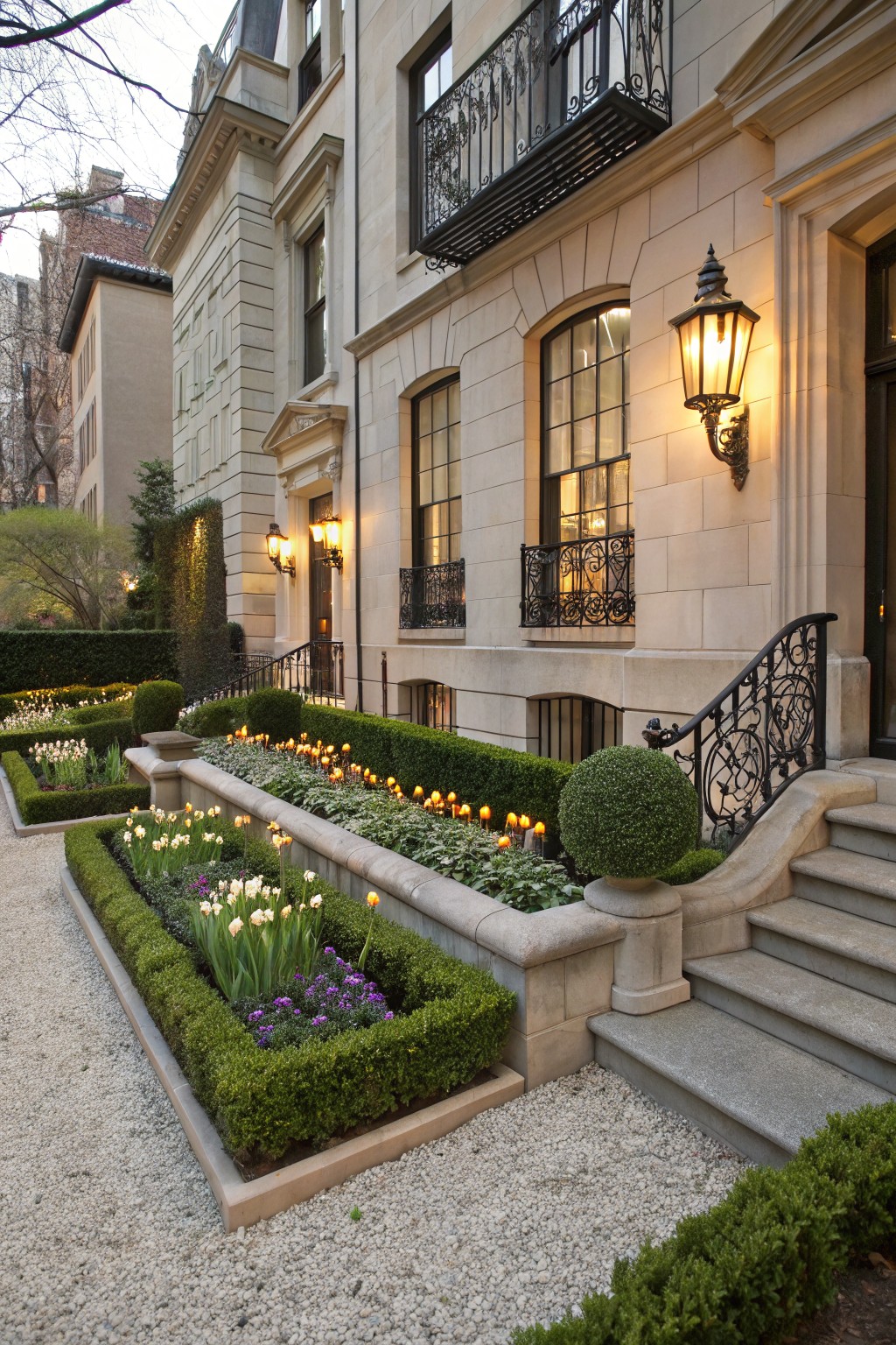 Beige stone townhouse facade with black wrought-iron balcony and entry stairs, formal raised stone flower beds edged in boxwood hedges planted with tulips and other flowers, gravel path, and candles in the beds at dusk.