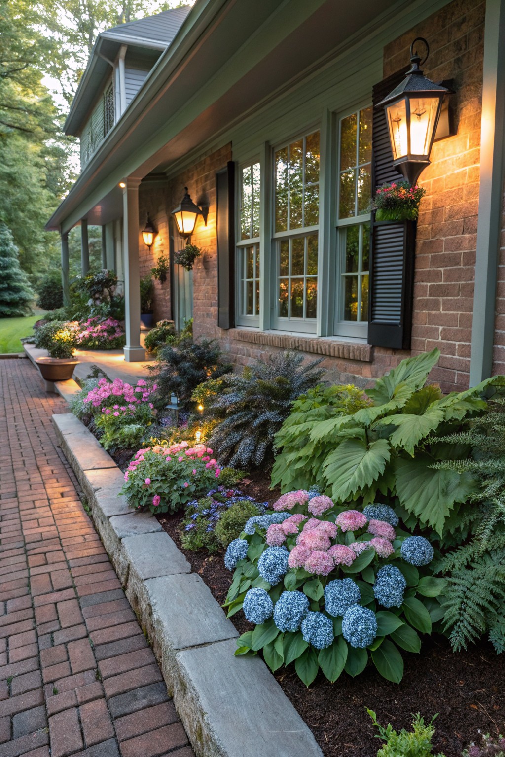 Brick walkway bordered by raised stone retaining walls filled with pink and blue hydrangea blooms, ferns, hostas, and other perennials next to a brick house exterior with lanterns and windows.