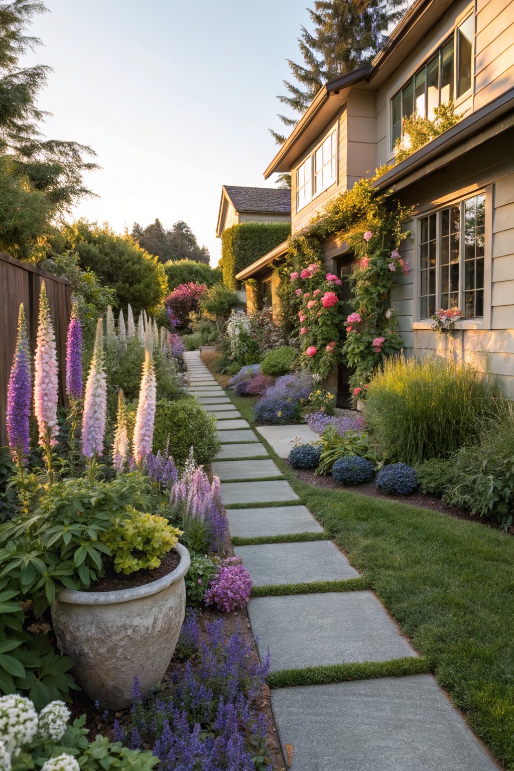 Stone paver pathway winding through layered flower beds with tall purple and pink foxgloves, various perennials, shrubs, and grasses beside a beige house with pink climbing roses on the wall and trees in the background.