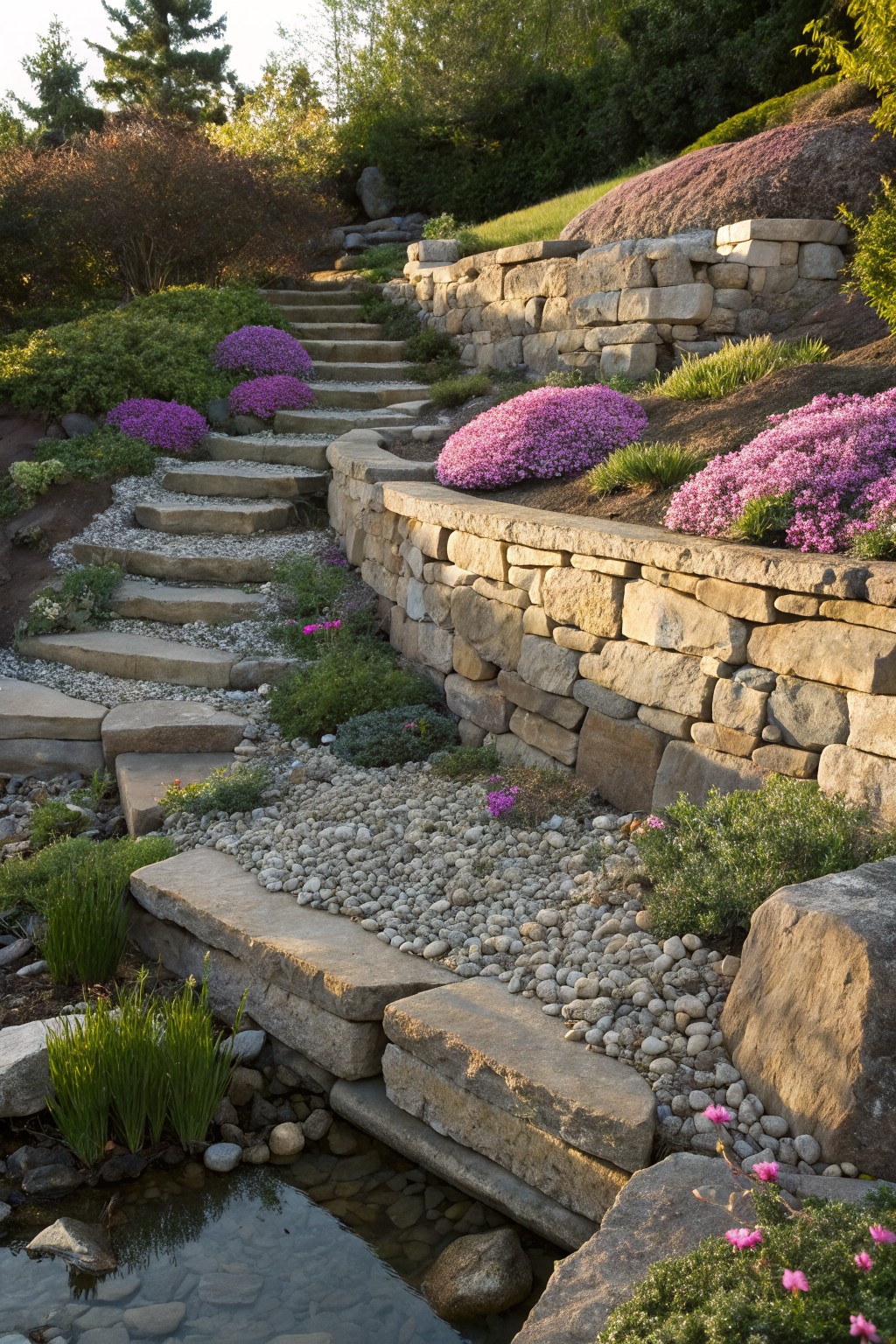 Irregular stone steps ascending a sloped hillside garden, lined with pink flowering plants in beds against retaining walls, gravel paths, grasses, and a small reflecting pool at the base.