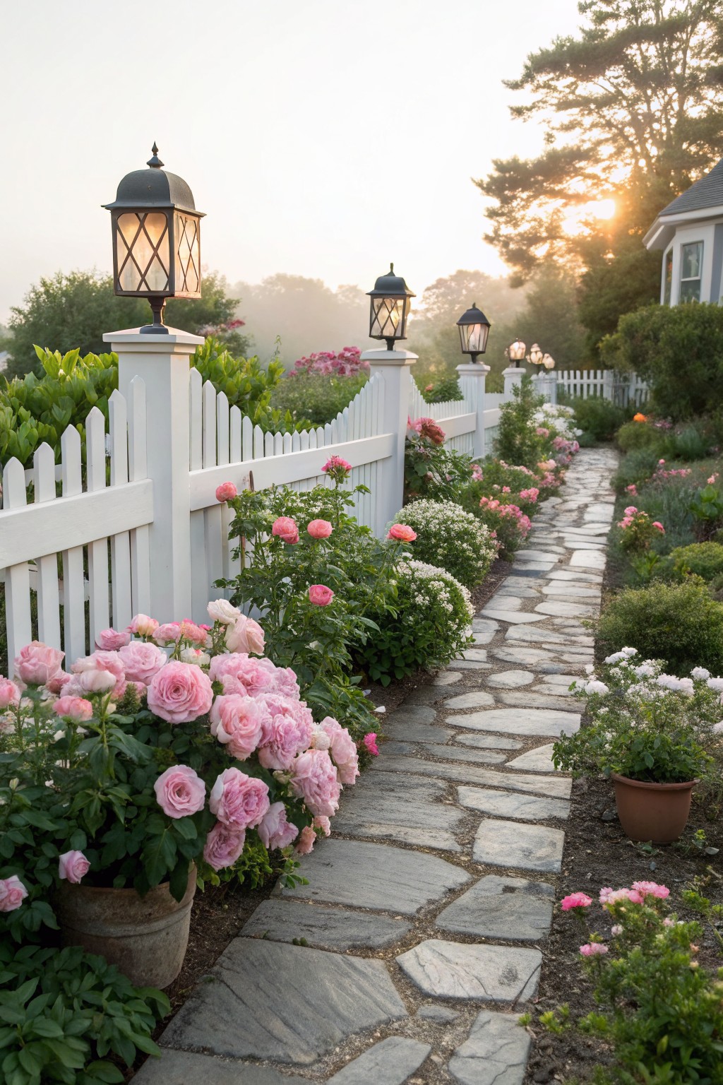 A winding gray stone pathway through a garden lined with lush pink rose bushes in flower beds next to a white picket fence, with black lanterns on white posts and greenery in the background.