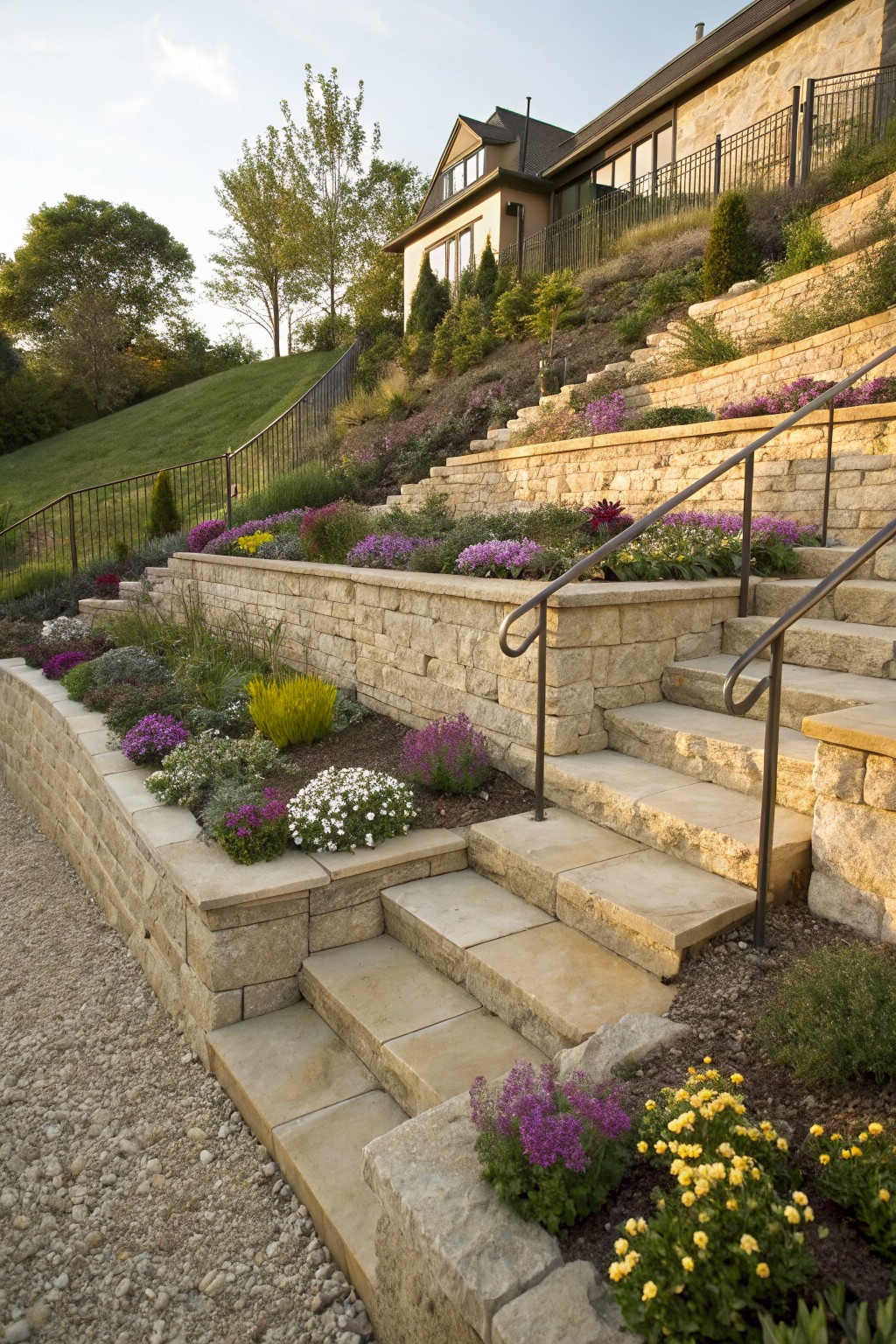 Sloped yard with multiple terraced stone retaining walls planted with colorful flowers and ascending steps with black metal railings leading up to a house.
