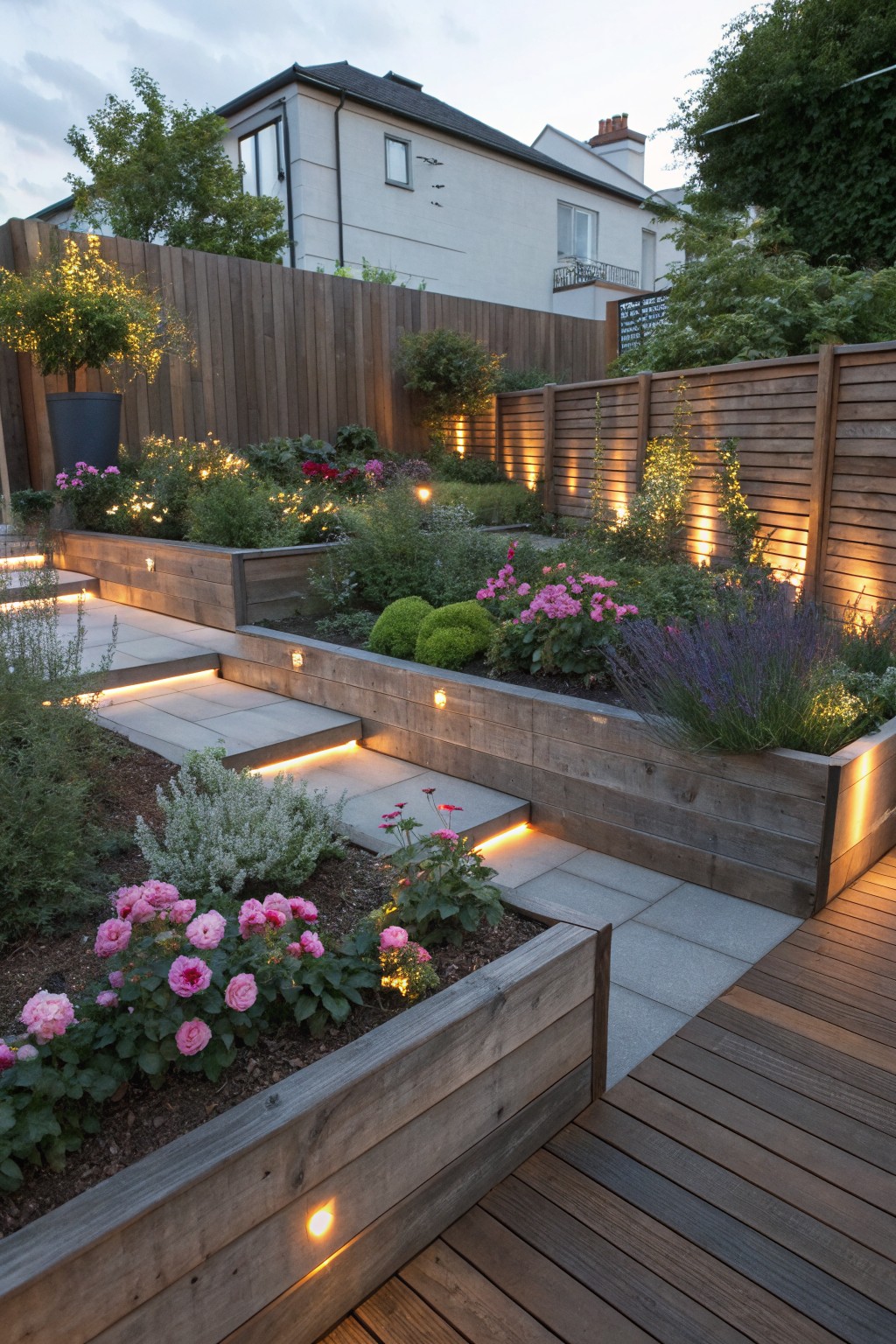 A sloped backyard garden with terraced raised wooden planters filled with pink roses, lavender, and other plants, gray stone steps lit by LED strips, wooden fences, and a wooden deck area in evening light.