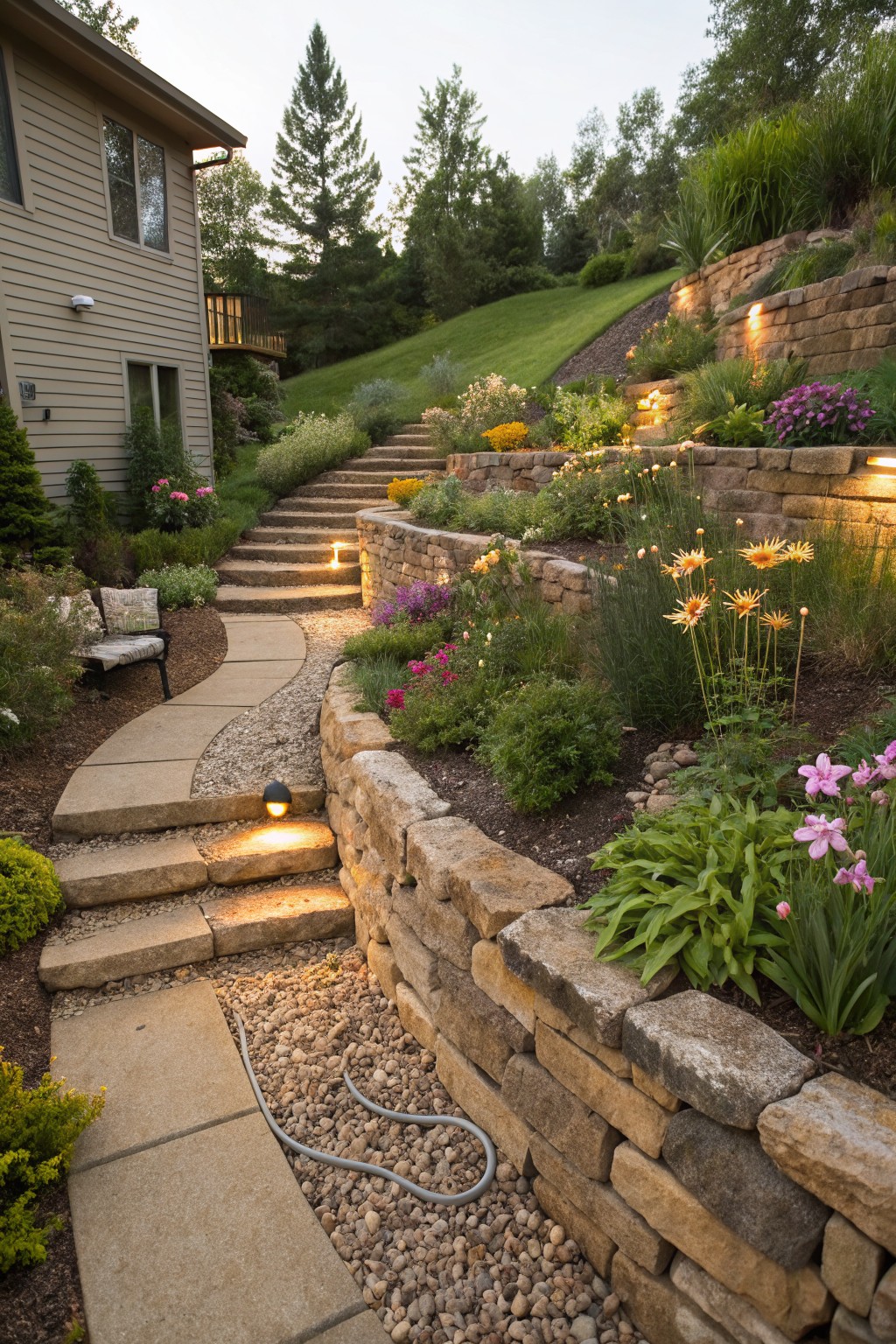 Sloped backyard with multi-level natural stone retaining walls planted with colorful flowers including yellow daisies and pink phlox, a curving stone path with integrated low-voltage lights leading uphill to a beige house.