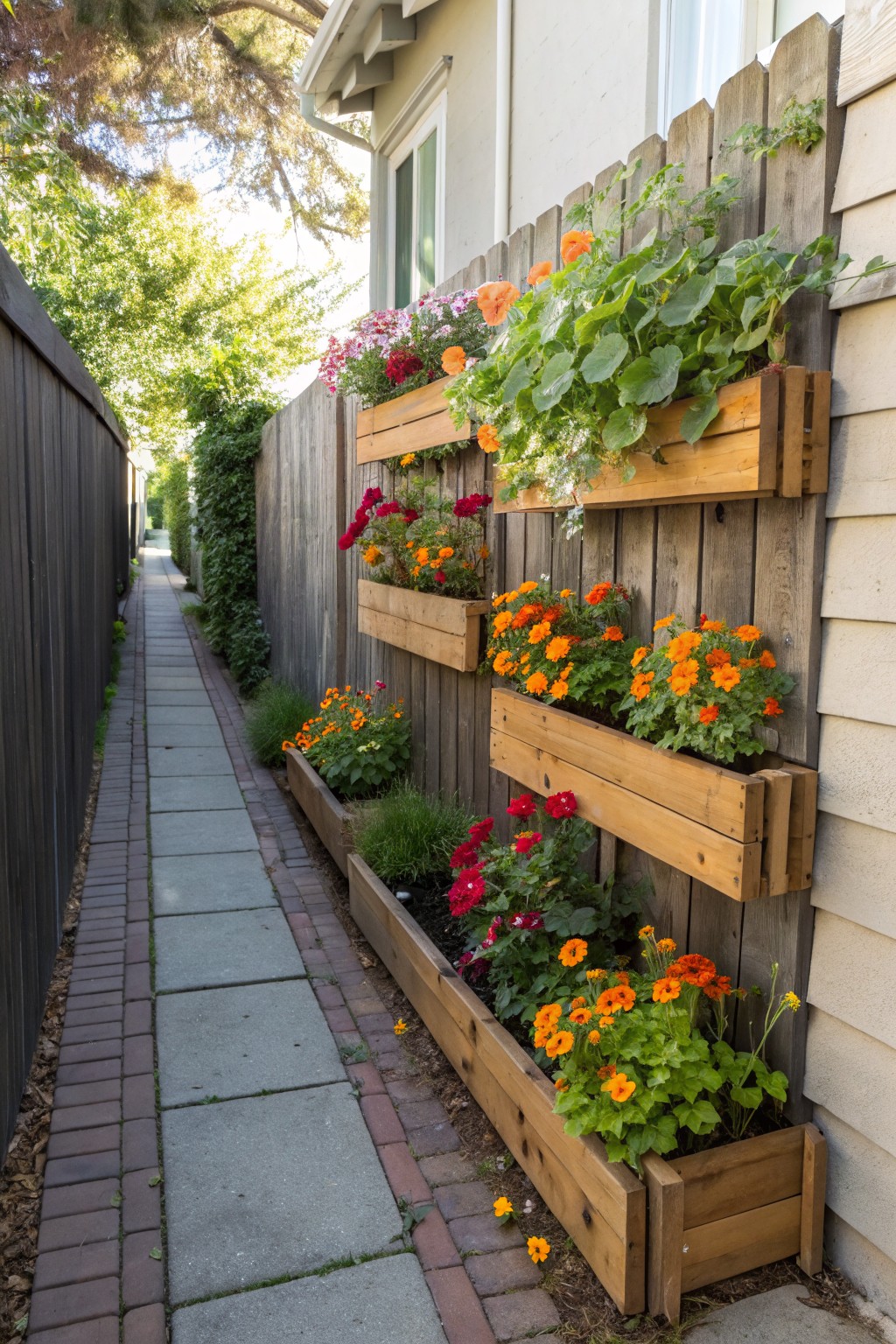 Narrow paved pathway between a dark wooden fence and a beige house wall, with four wooden planters mounted vertically on the wall and filled with colorful flowers including orange marigolds, red geraniums, and trailing greens.