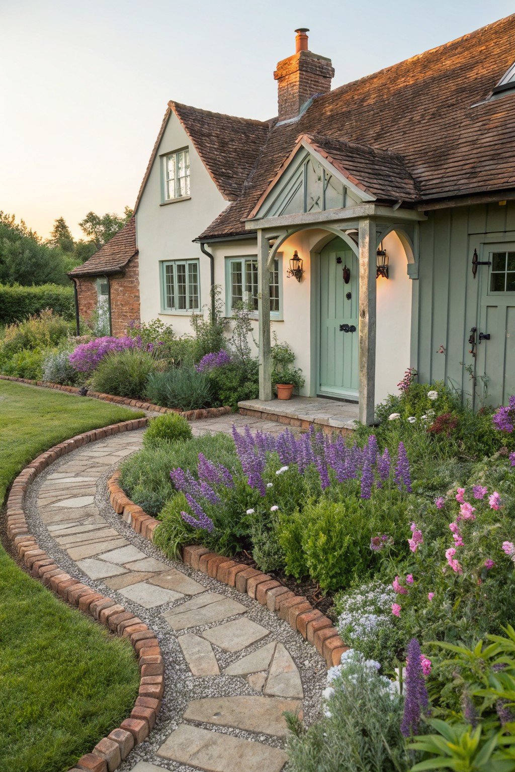 A cream house with sage green double doors under a timber porch, approached by a curving flagstone path edged in brick and lined with purple lavender, pink snapdragons, and green shrubs beside a lawn.