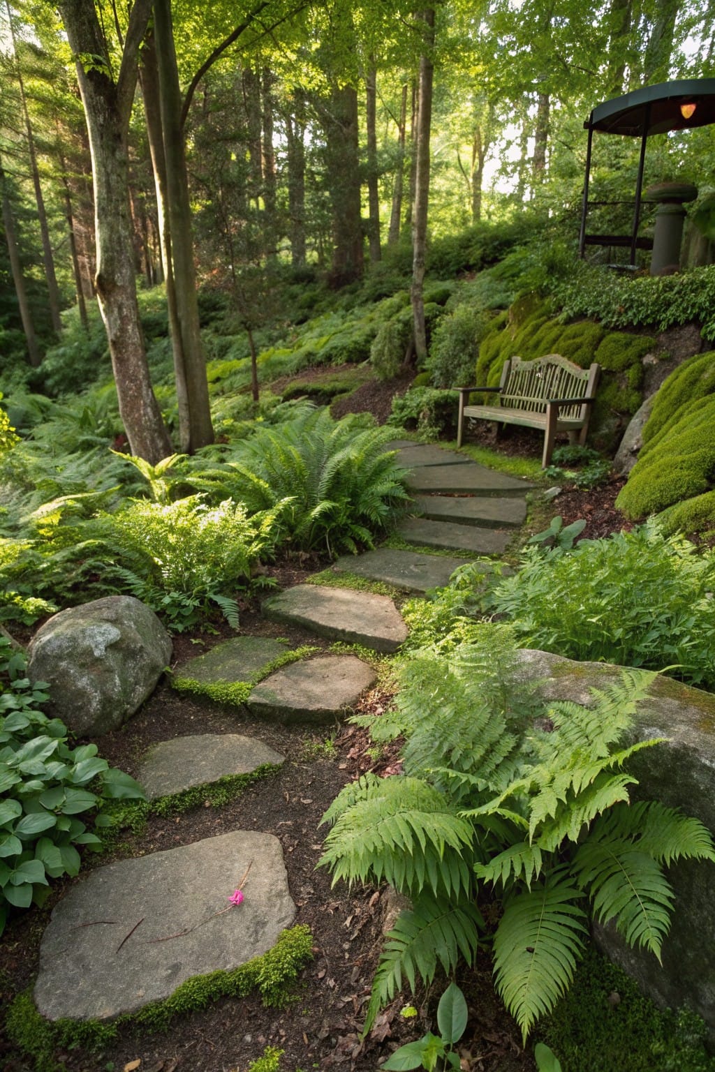 Irregular stone stepping stones wind through a lush garden of ferns, moss, and large boulders on a wooded hillside, leading toward a wooden bench and gazebo structure.