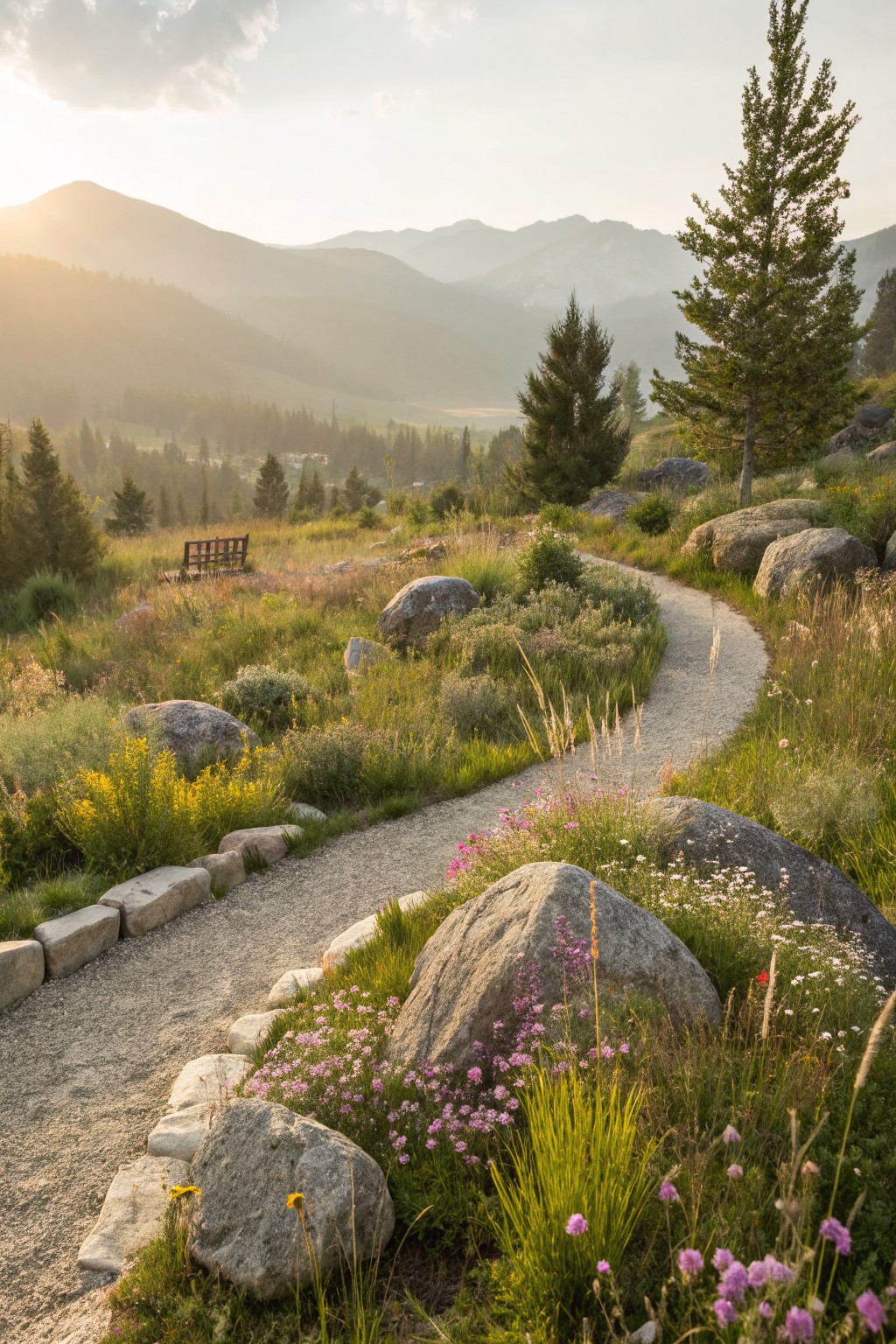A winding gravel path edged with large boulders and bordered by wildflowers, grasses, and shrubs in a meadow setting with pine trees and distant mountains at sunset.