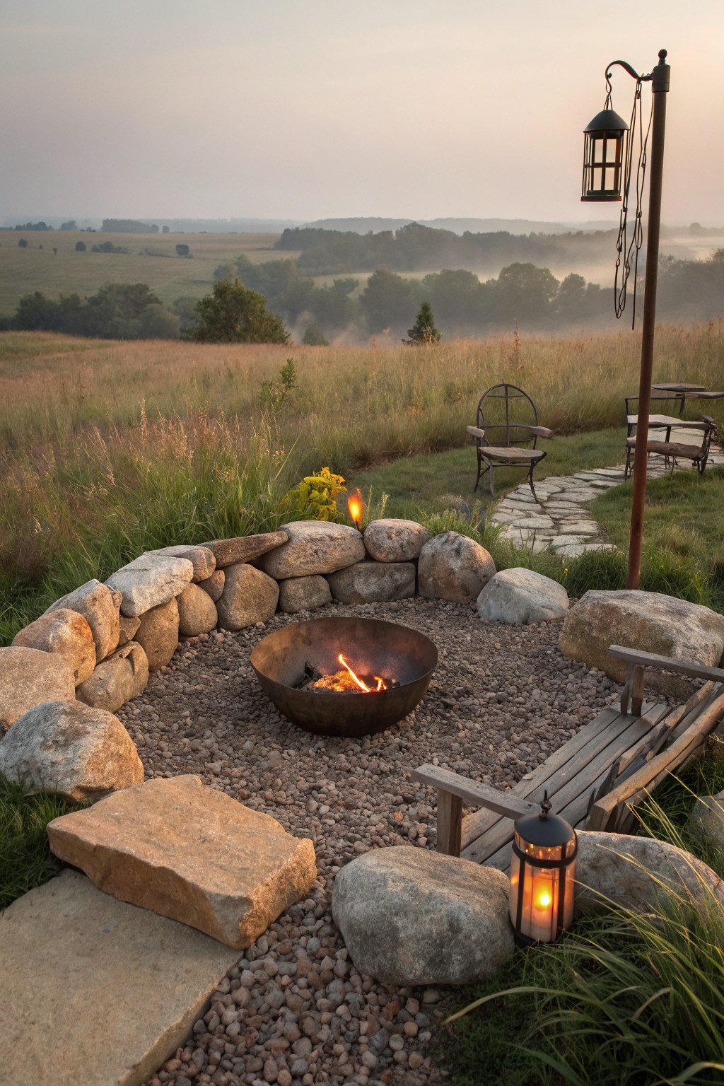A circular fire pit with flames inside a metal bowl, enclosed by a dry-stacked boulder wall on gravel ground, surrounded by grass, benches, chairs, lanterns, and a stone path leading to a scenic field view at dusk.