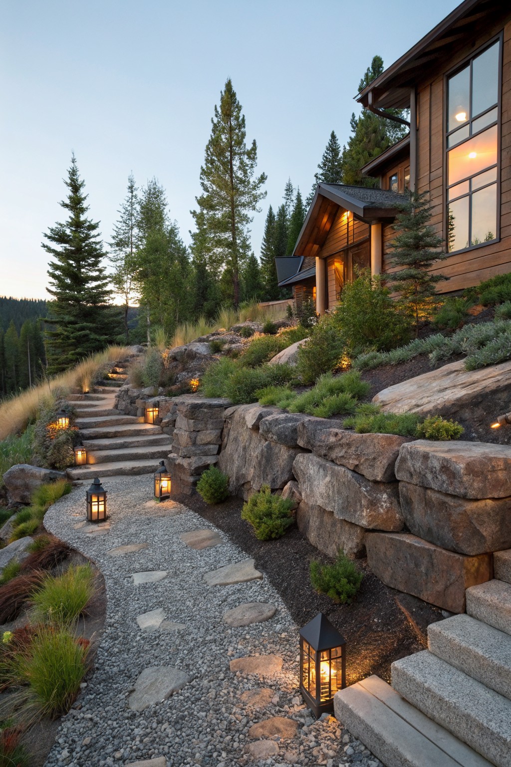 Winding gravel path and stone steps ascend a slope retained by large irregular boulder walls, with lanterns, shrubs, and grasses, leading to a timber house amid pine trees at dusk.