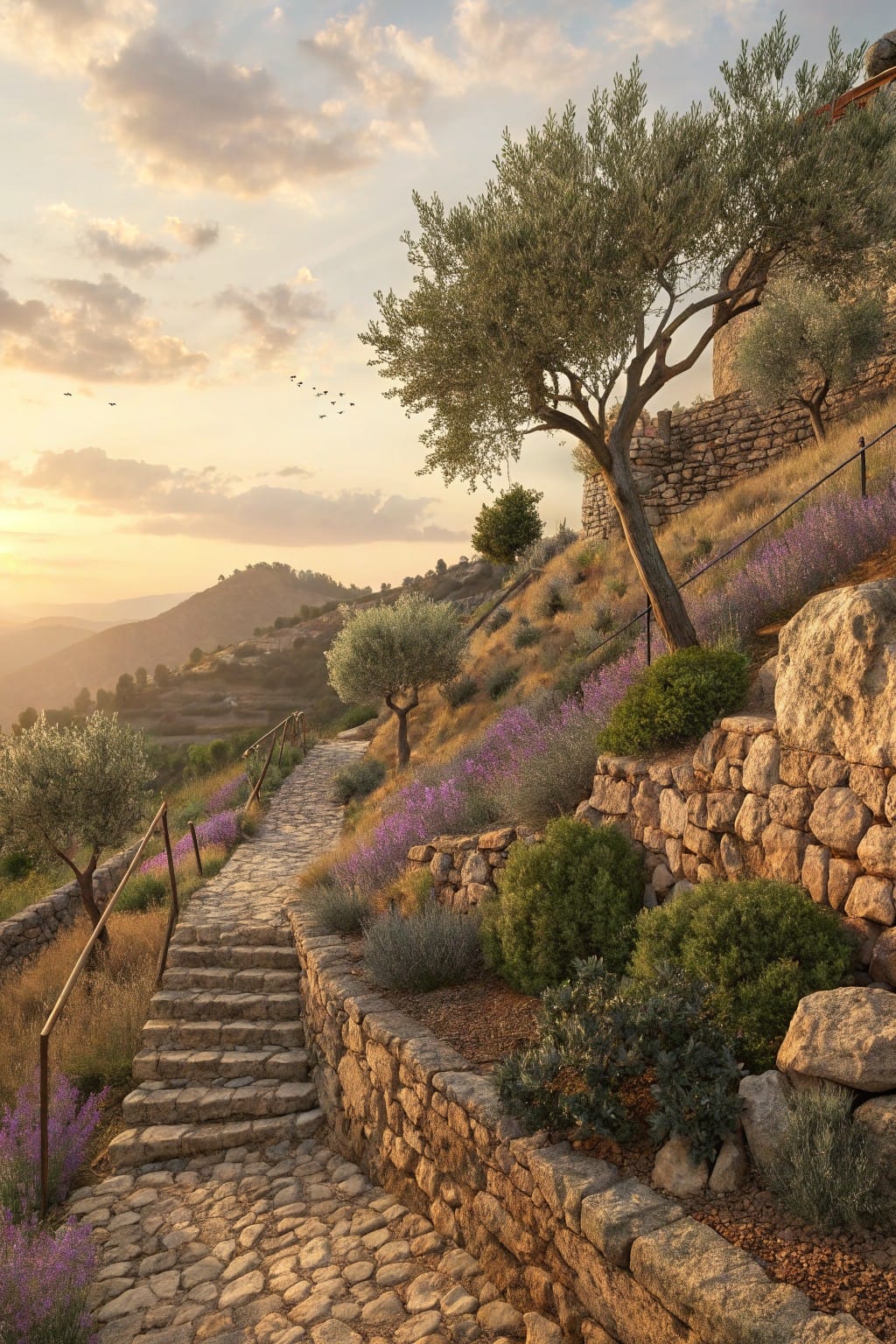 Stone pathway with steps winding up a terraced hillside lined with olive trees, lavender plants, shrubs, grasses, stone walls, and large boulders under a sunset sky.